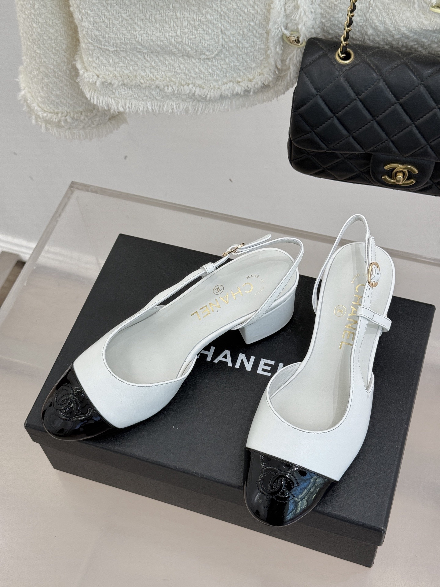 Chanel Black and White Slingback Heels