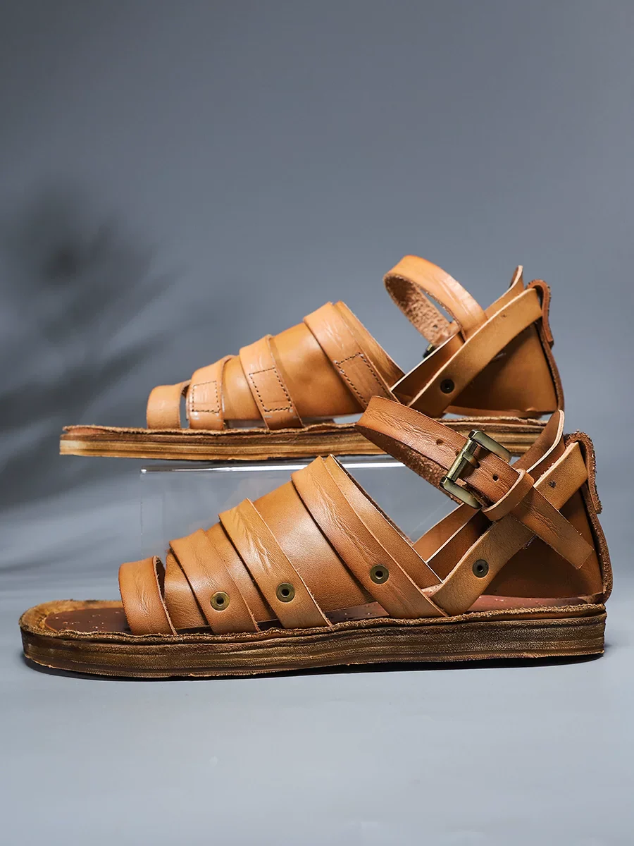 Original handmade vegetable tanned leather woven sandals