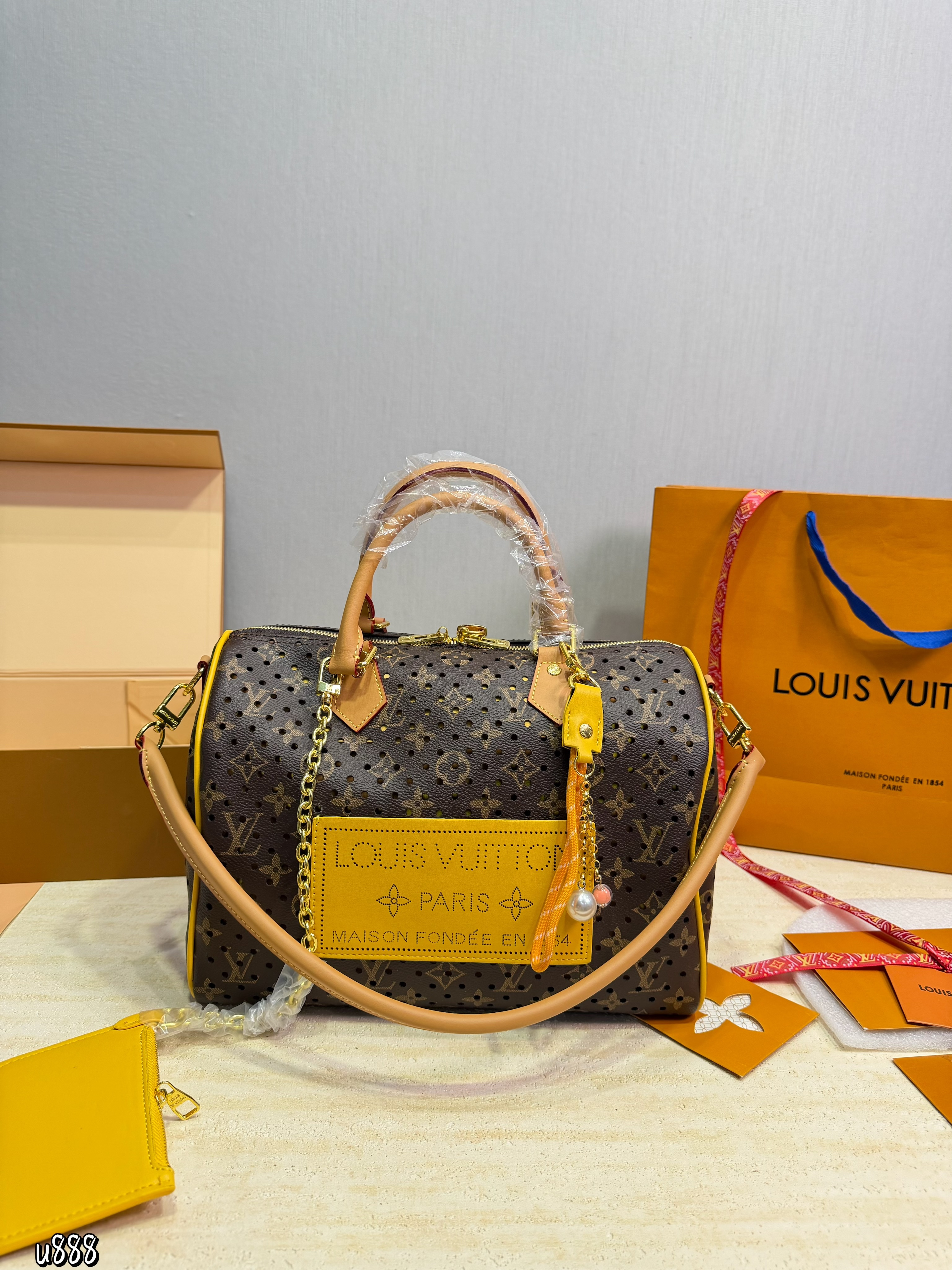 LV Speedy 30 Perforated Monogram Leather Patch Neon Yellow Piping Boston Top Handle Bag