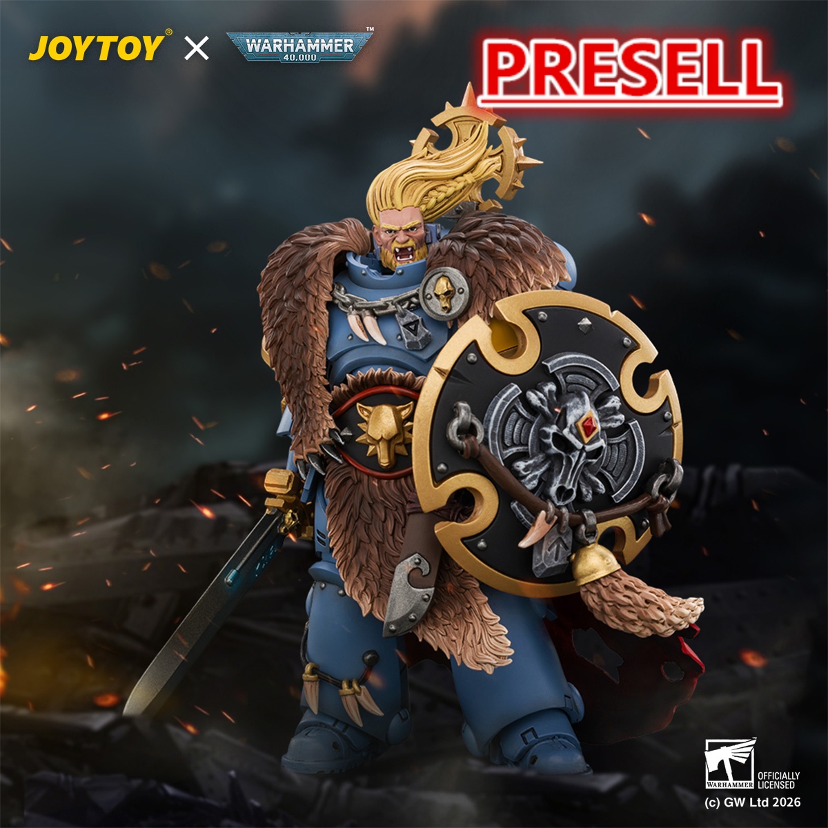JOYTOY JT05312 Warhammer 40k 1:18 Space Wolves Wolf Guard Battle Leader with Master-crafted Power Weapon, Storm Shield, Thunder Hammer Master-crafted Heavy Bolt Pistol, and Plasma Pistol - JOYTOY WORLD
