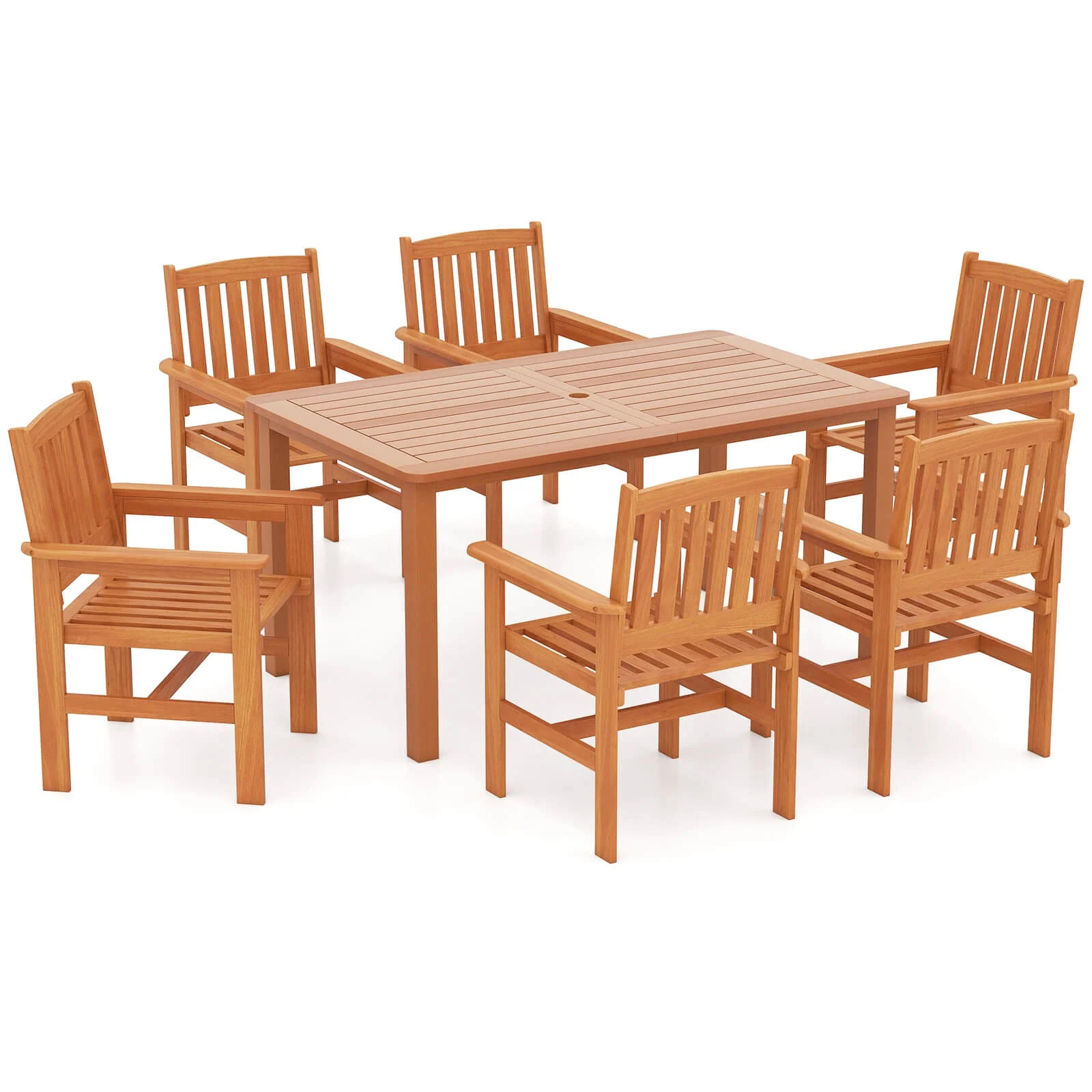 Costway 7 PCS Patio Wood Dining Table Set with 2 Umbrella Hole Outside Furniture Set