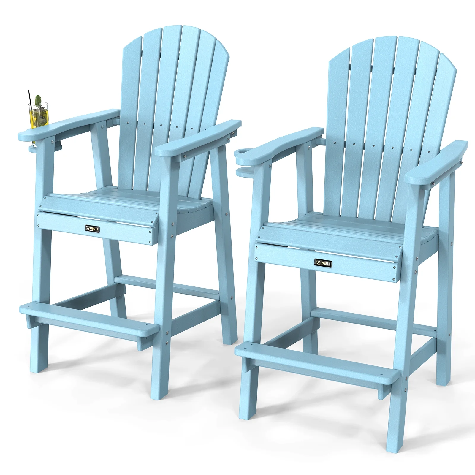 UBesGoo Tall Adirondack Chairs,HDPE All Weather Poly Lumber with Cup Holder,Outdoor Bar Stools with Wide Armrest for Outdoor Deck Lawn Pool Backyard,Lake Blue