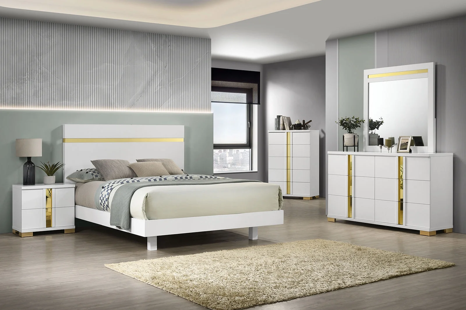 Modern White Color 4pc Bedroom Set King Size Bed w Underbed LED Dresser Mirror Nightstand Mattress Ready Bedframe