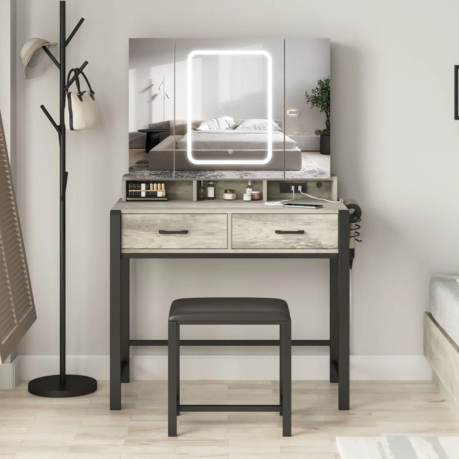 35.4in Makeup Vanity Desk with LED Lighted Mirror and Power Strip, Tri-Fold Mirror Makeup Table with Hair Dryer Rack,2 Drawers Vanity Set with Hidden Storage Shelves,3 Color Lighting Modes