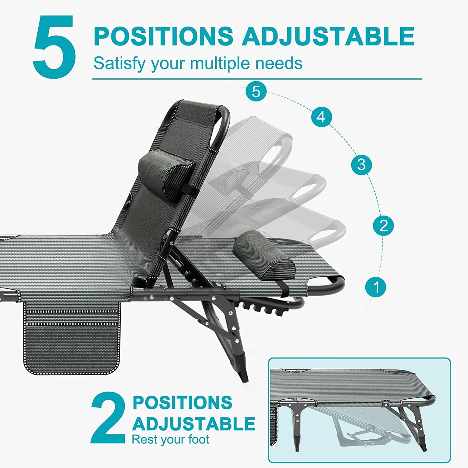 Slsy 4-Fold Folding Camping Cot with 2 Sided Cushion & Headrest, Adjustable 5-Position Folding Lounge Chair, Portable Folding Sleeping Cots Bed