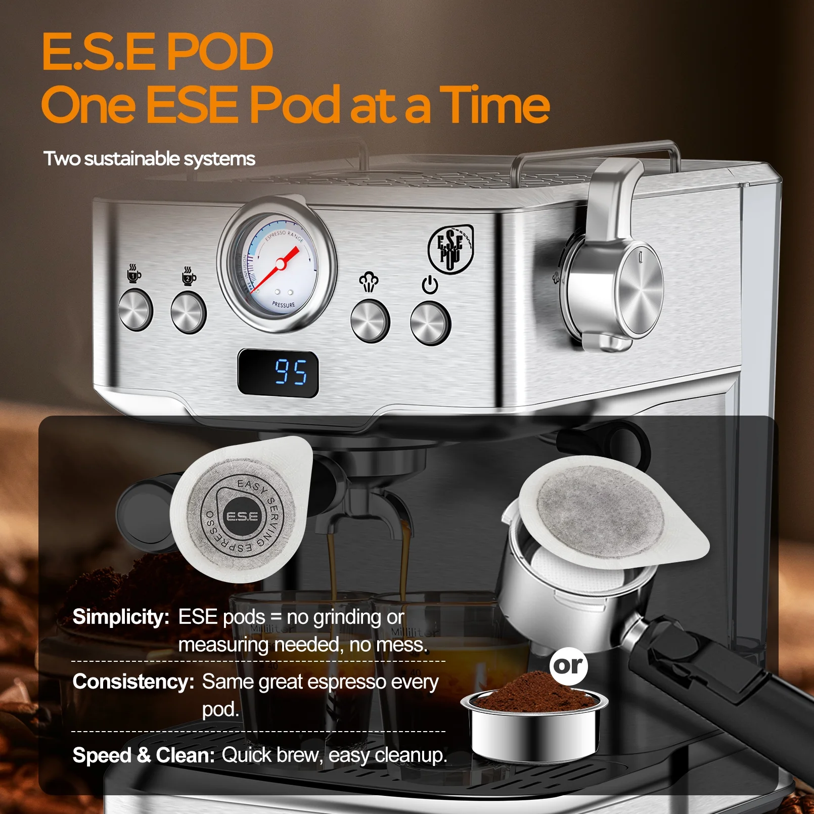 Plum Chef Espresso Machine 20 Bar Coffee Makers, Cappuccino Machine with E.S.E Pod & Pressure Gauge for Home, 1.8L Water Tank, Stainless steel, Silver