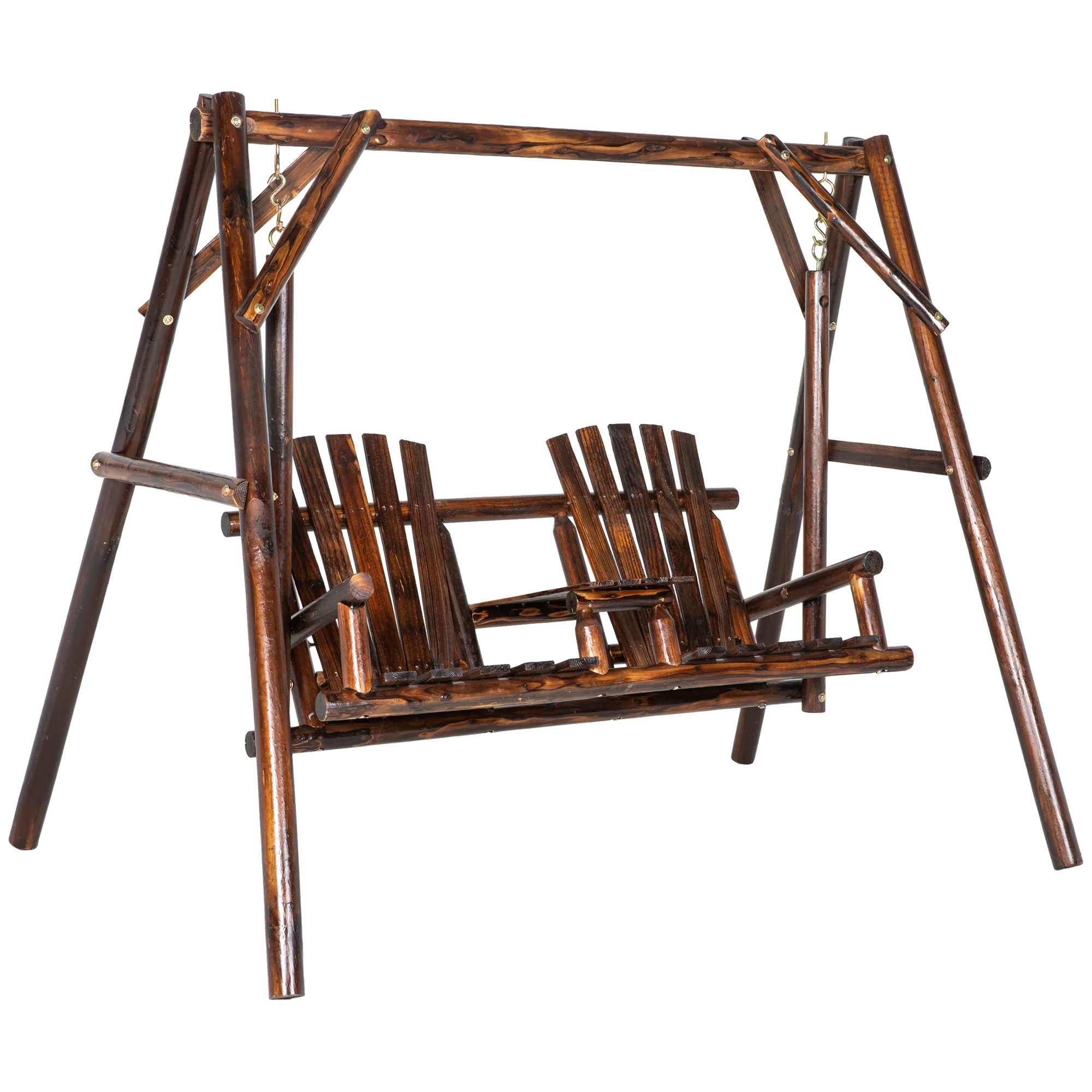 Outsunny Outdoor Adirondack Chair 2 Seat Freestanding Solid Wood Rustic Log Porch Swing Chair with Center Table
