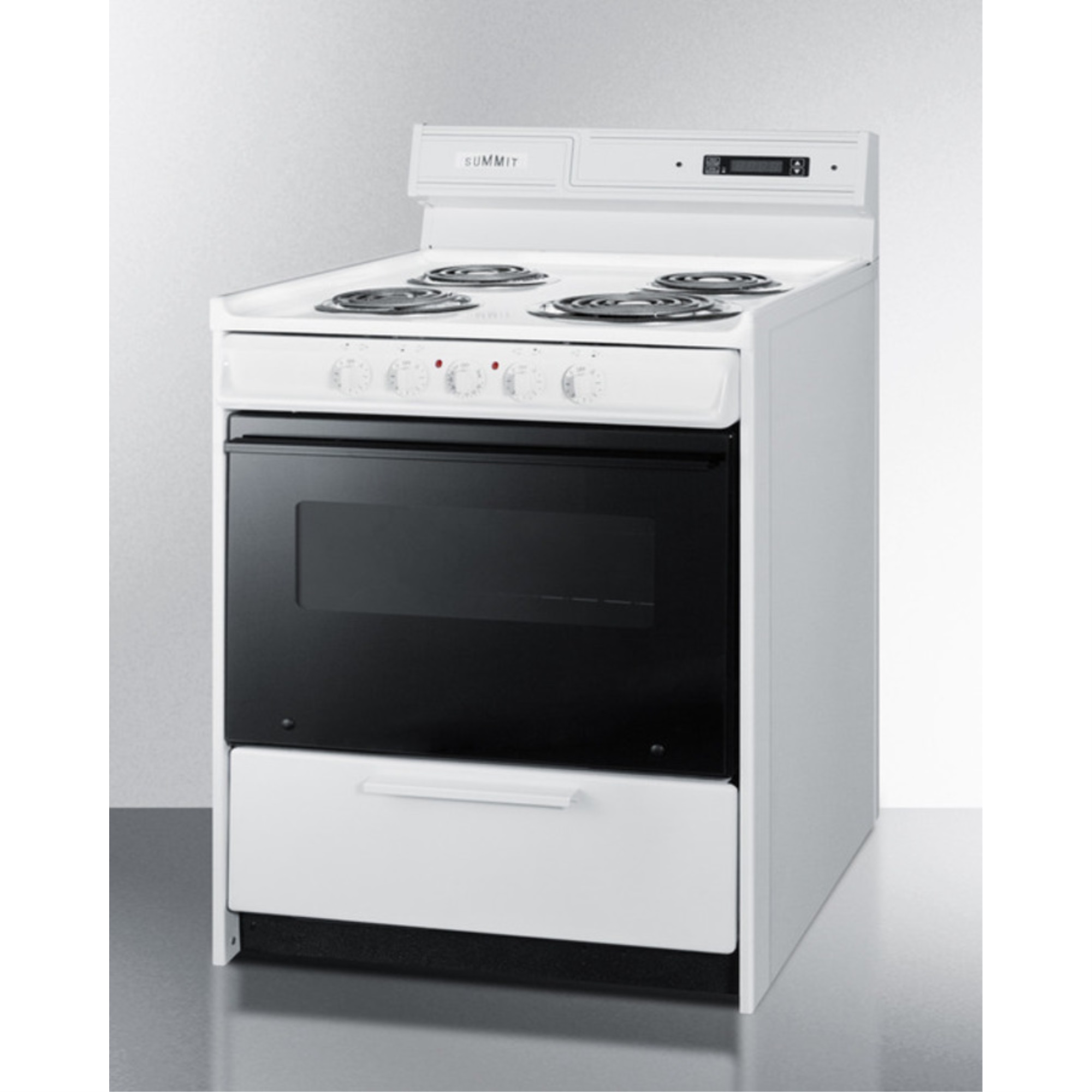 30" wide electric coil top range in white with black door, oven window, and high backguard