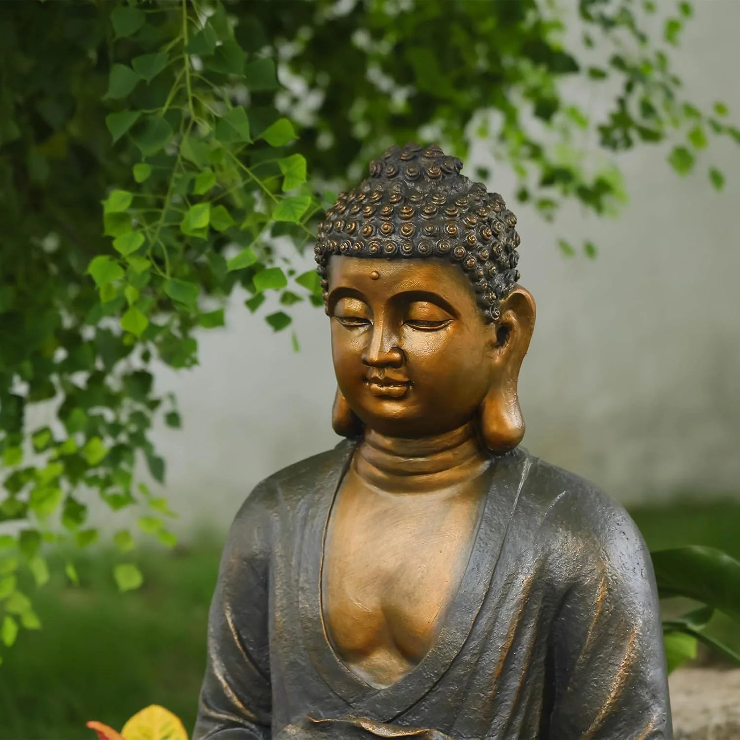 Buddha Water Fountain Outdoor Large Sitting Lotus Base Waterfall Fountains Zen Water Feature Indoor with LED Light for Garden Patio Backyard Deck Lawn Porch Balcony Home 45 inches Gold