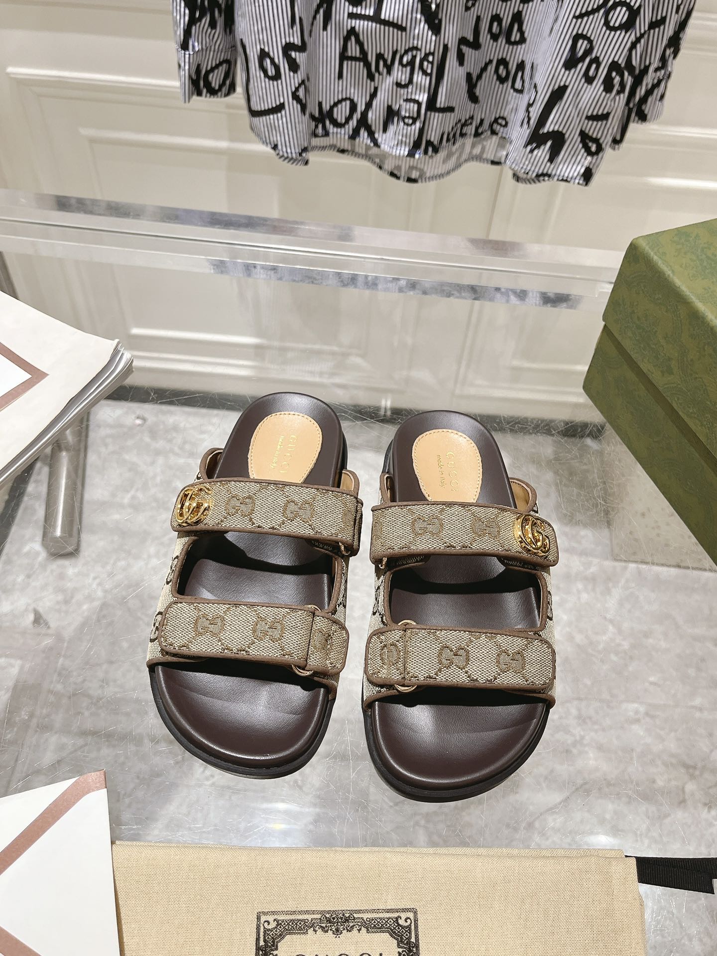 Gucci GG Monogram Strass Embroidered & Raffia Woven Double Strap TPU Platform Flat Slide Sandals