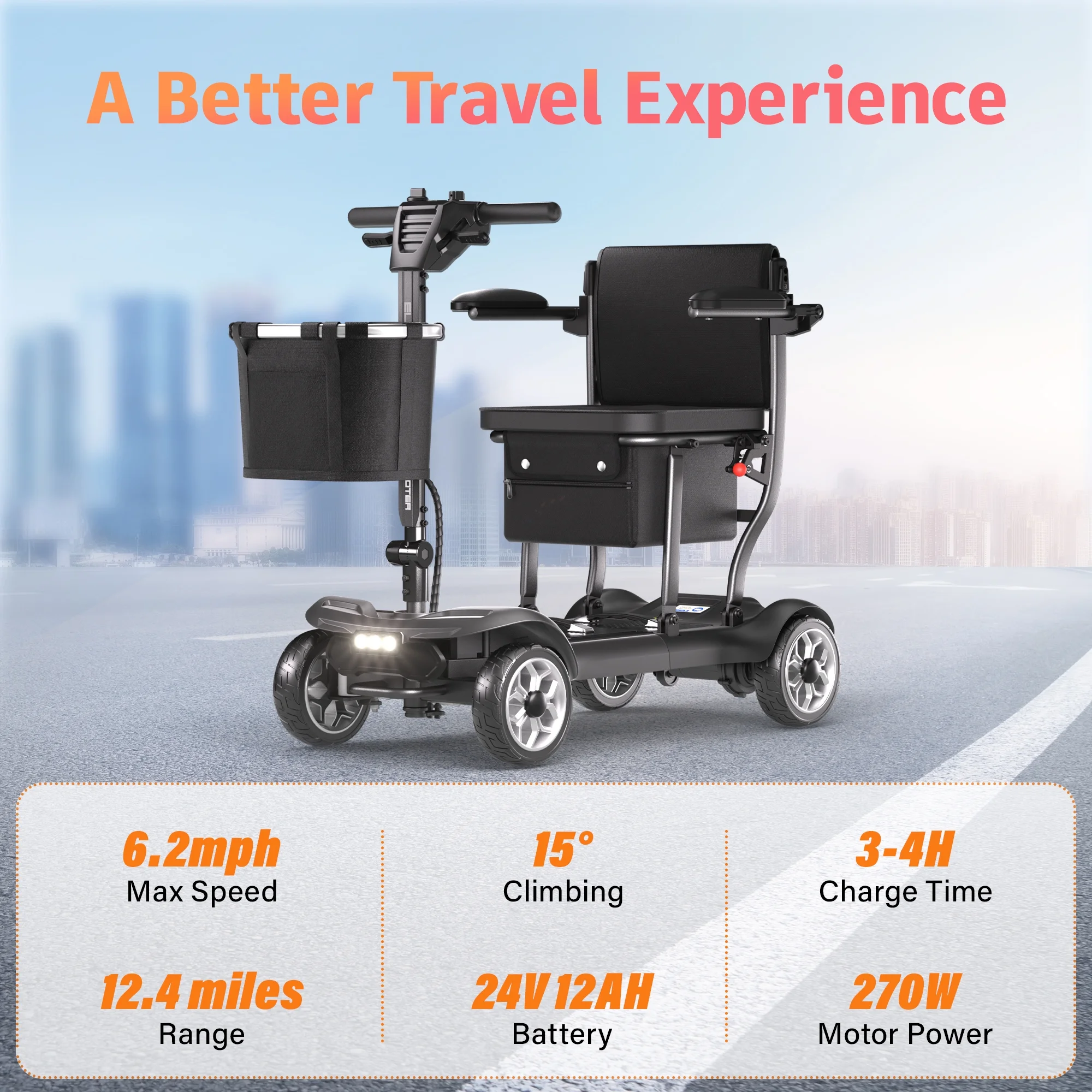 EAGLOG Light Weight 4 Wheels Mobility Scooter for Seniors, Electric Folding Wheelchair Device for Travel, Black