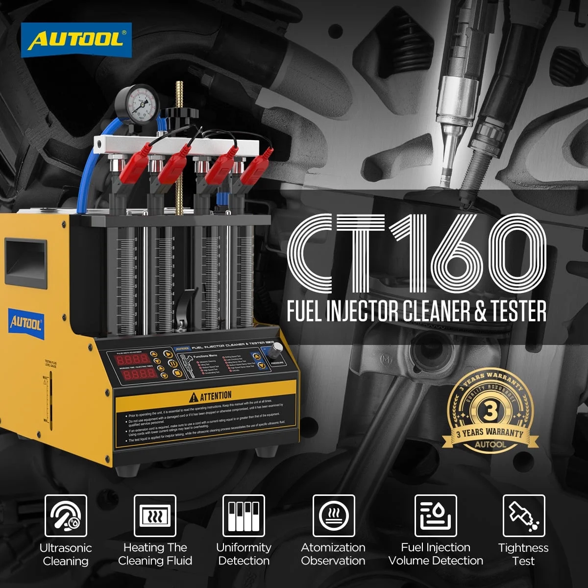 AUTOOL CT160 Fuel Injector Tester Cleaning Machine, 2000ml 4 Cylinder Injector Ultrasonic Heating Cleaner, 110V Petrol Injection Tester for Cars Motorcycles