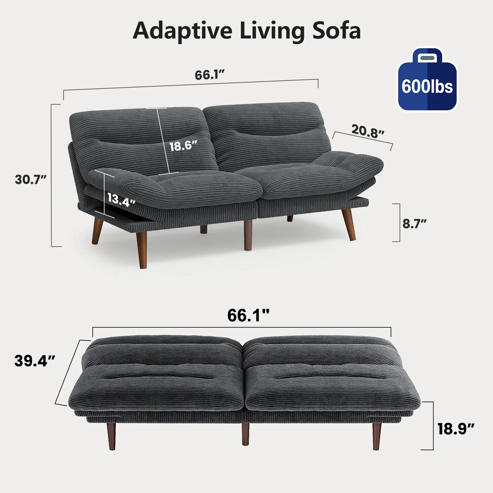 CHITOOMA 66" Futon Sofa Bed with Adjustable Backrest and 6-Level Armrests, Grey Corduroy Convertible Futon Couch, Comfy Loveseat for Small Spaces, Apartment or Office