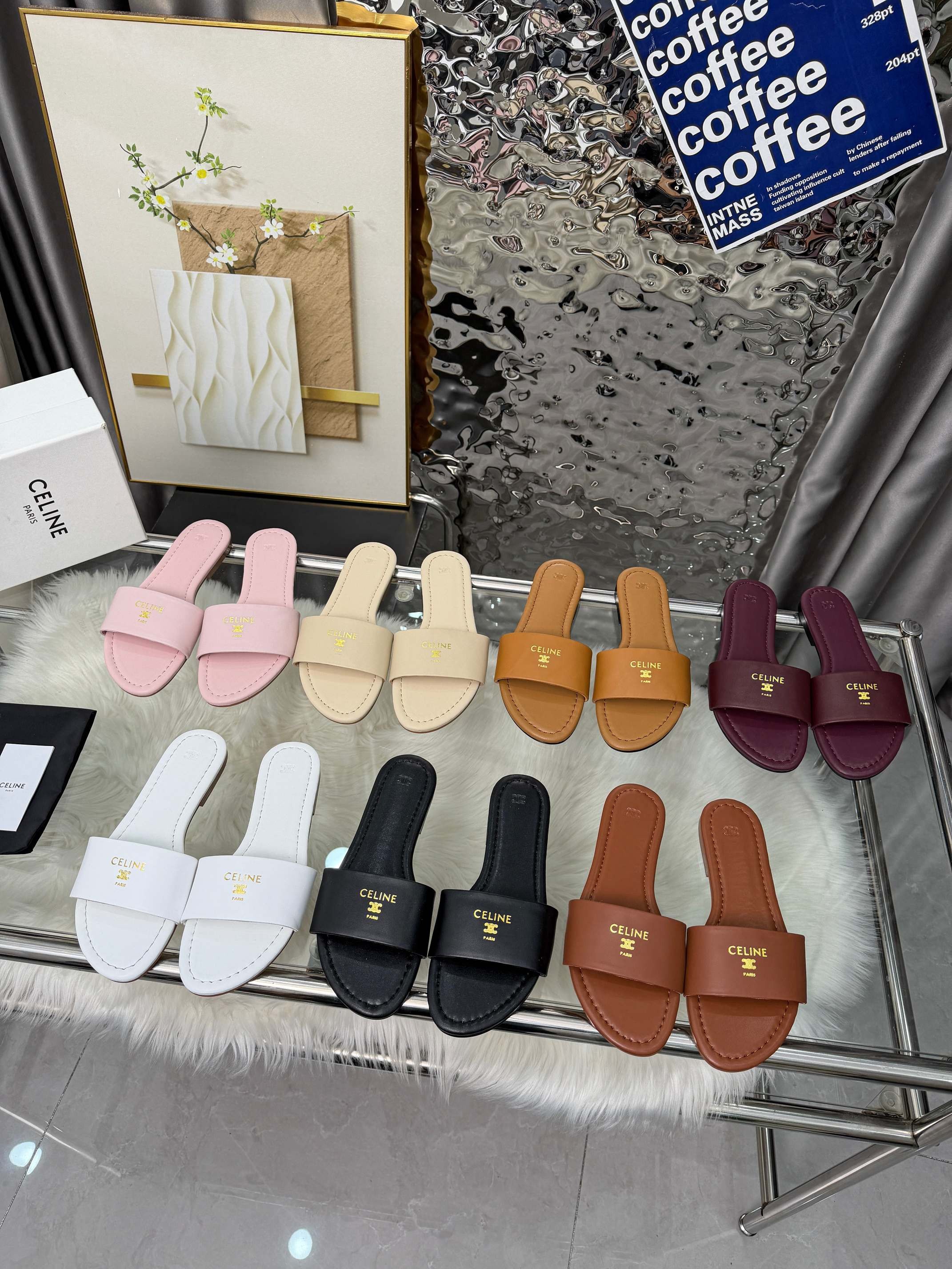 Celine Essentials Gold Stamped Logo Colorful Leather Flat Slides