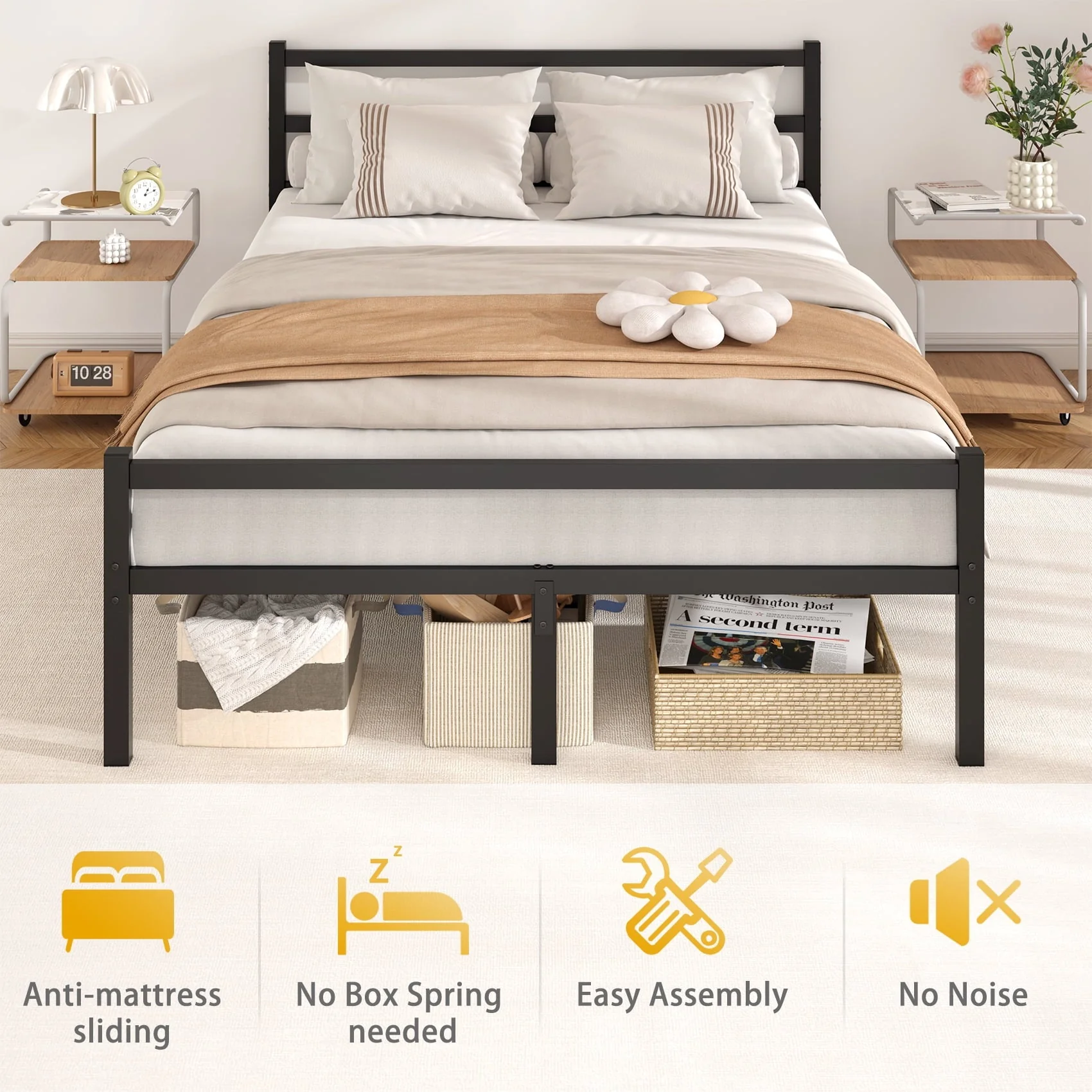 Mr IRONSTONE Heavy Duty Queen Size Metal Platform Bed Frame with Headboard and Footboard 14" High Under Bed Storage Space, No Box Spring Needed, Black