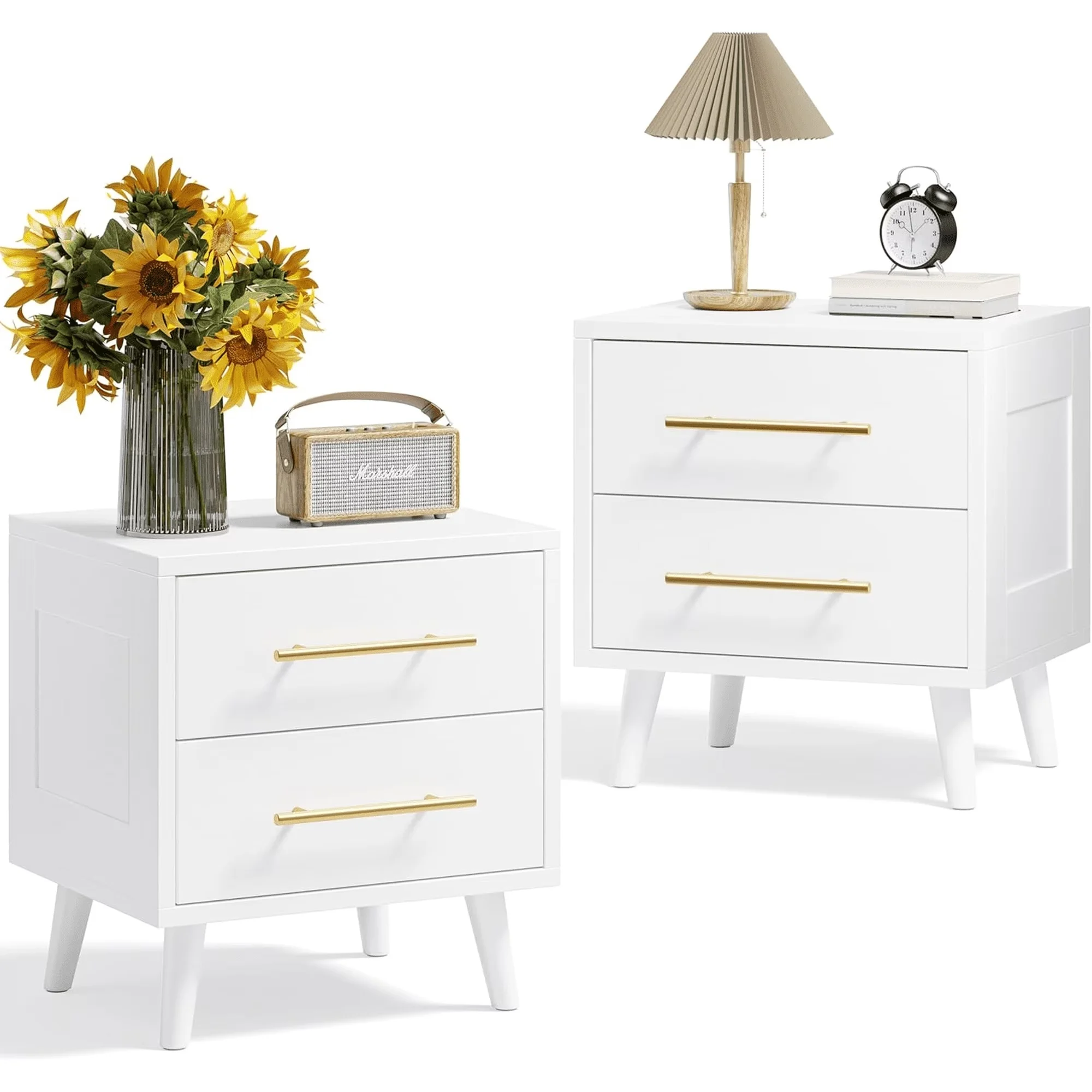 Noelse 3-Piece Bedroom Furniture Set, Full Size Bed Frame with Upholstered Headboard & 2 Nightstands, Under Bed Storage, Noise-Free, Beige and White