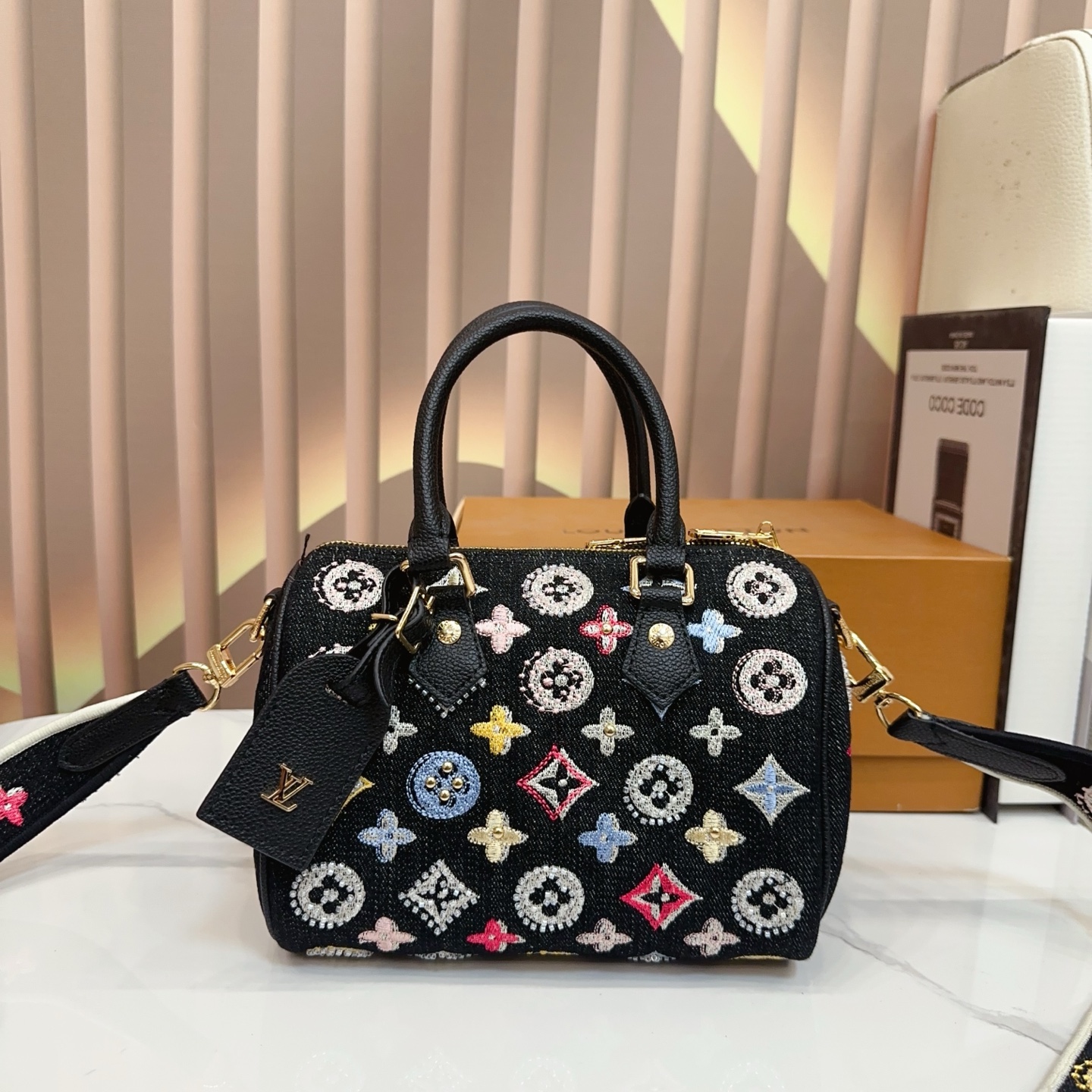 LV Speedy 20  Multicolor Embroidery Jacquard Denim Boston Top Handle Crossbody Bag
