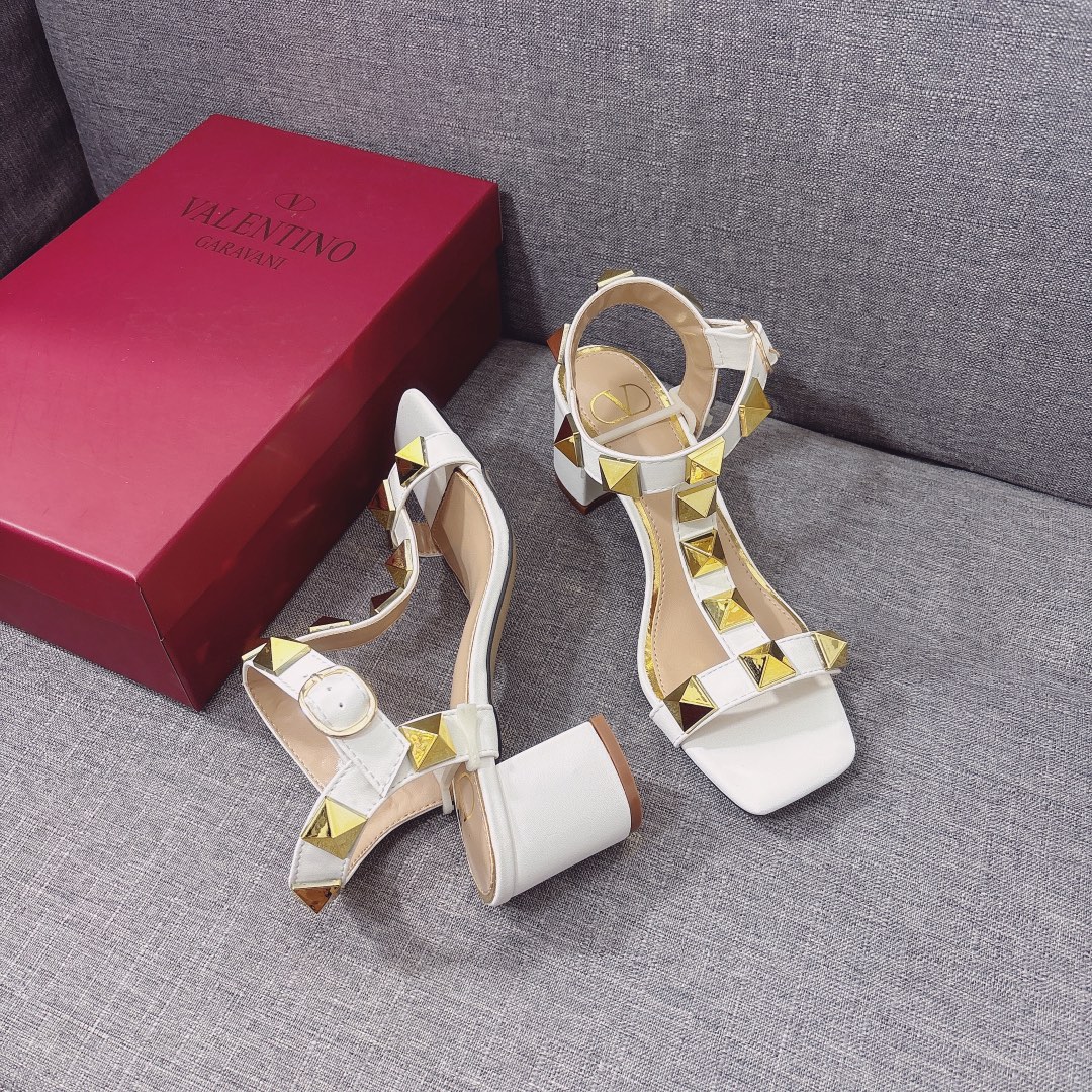 Valentino Garavani Roman Stud Leather Large Stud Caged Crisscross Strap Square Toe Block-Heel Sandals