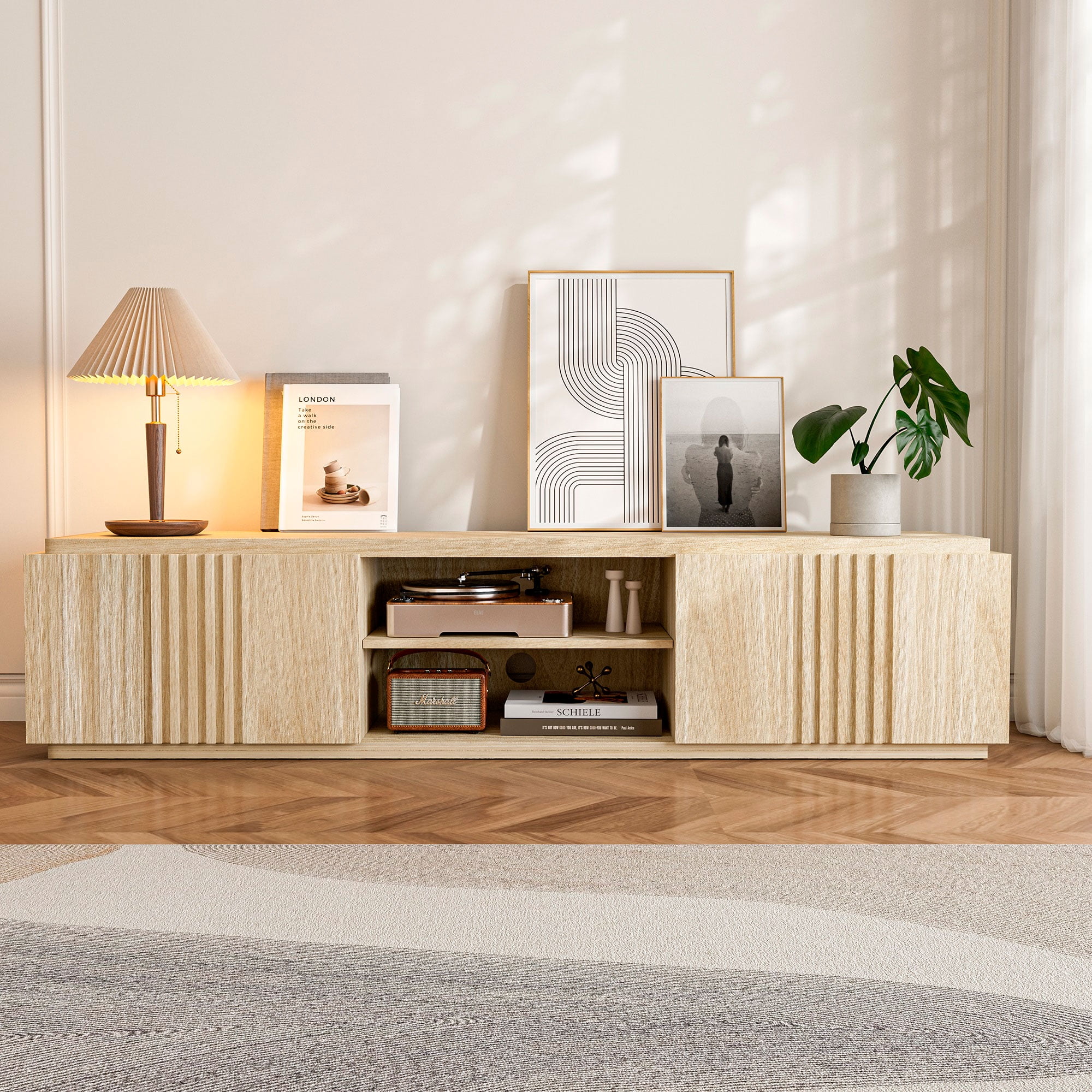 BELLEZE 70" TV Stand for TVs up to 75", Media Entertainment Center Console Table w/ Oversize Drawers & 2-Tier Open Shelves, Wood Storage Cabinet for Living Room, 15"D x 70"W x 16"H-Mint(White Lotus)