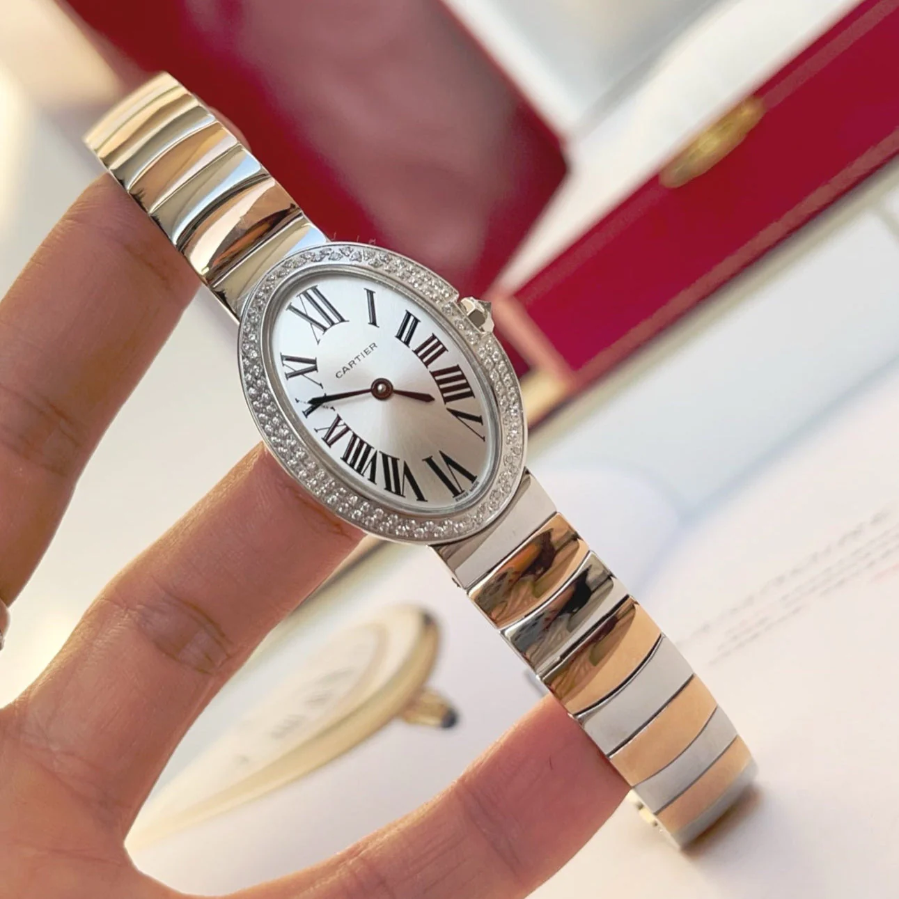 Cartier Watch Baignoire 23mm Tow-Tone Pink Gold Double Row Diamond Bezel