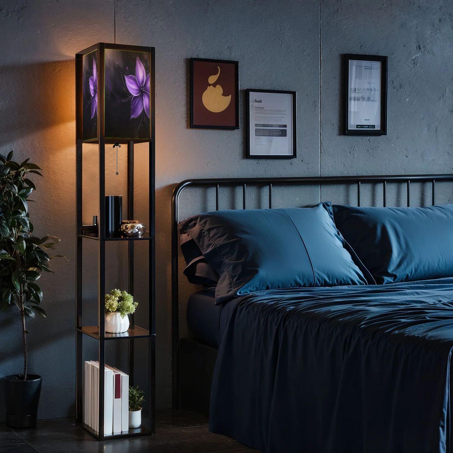 Floor Lamp with Shelves Corner Display Bookshelf Lamp for Living Room and Bedroom Purple Purple Wall Decor Purple Flower LED Modern Shelf Floor Lamp 3 Color Temperature