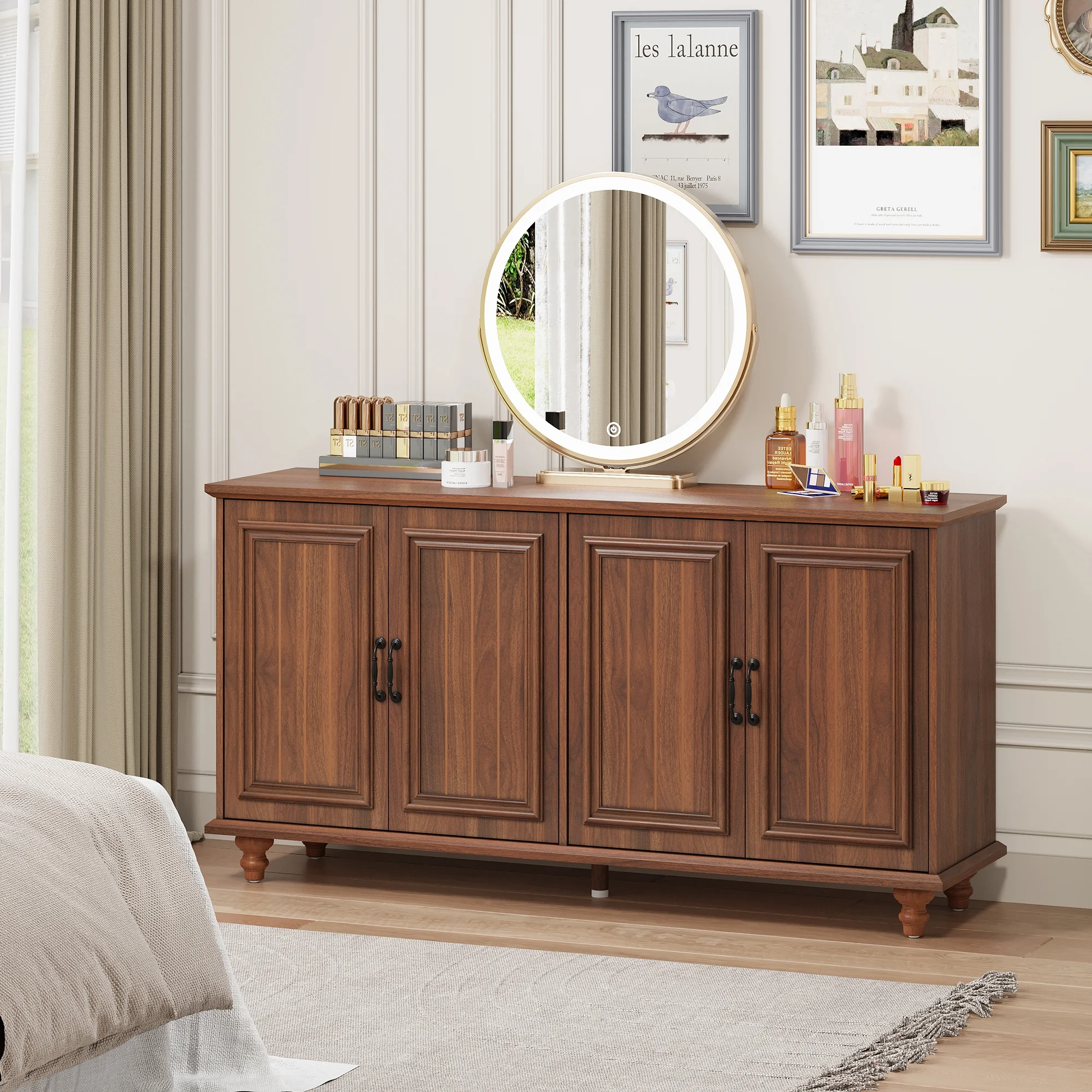 YOCWO Walnut Sideboard and Buffets, Mid Century Storage Cabinets with 4 Doors and Adjustable Shelves Buffet Cabinet for Kitchen Dining Room Living Room Bedroom