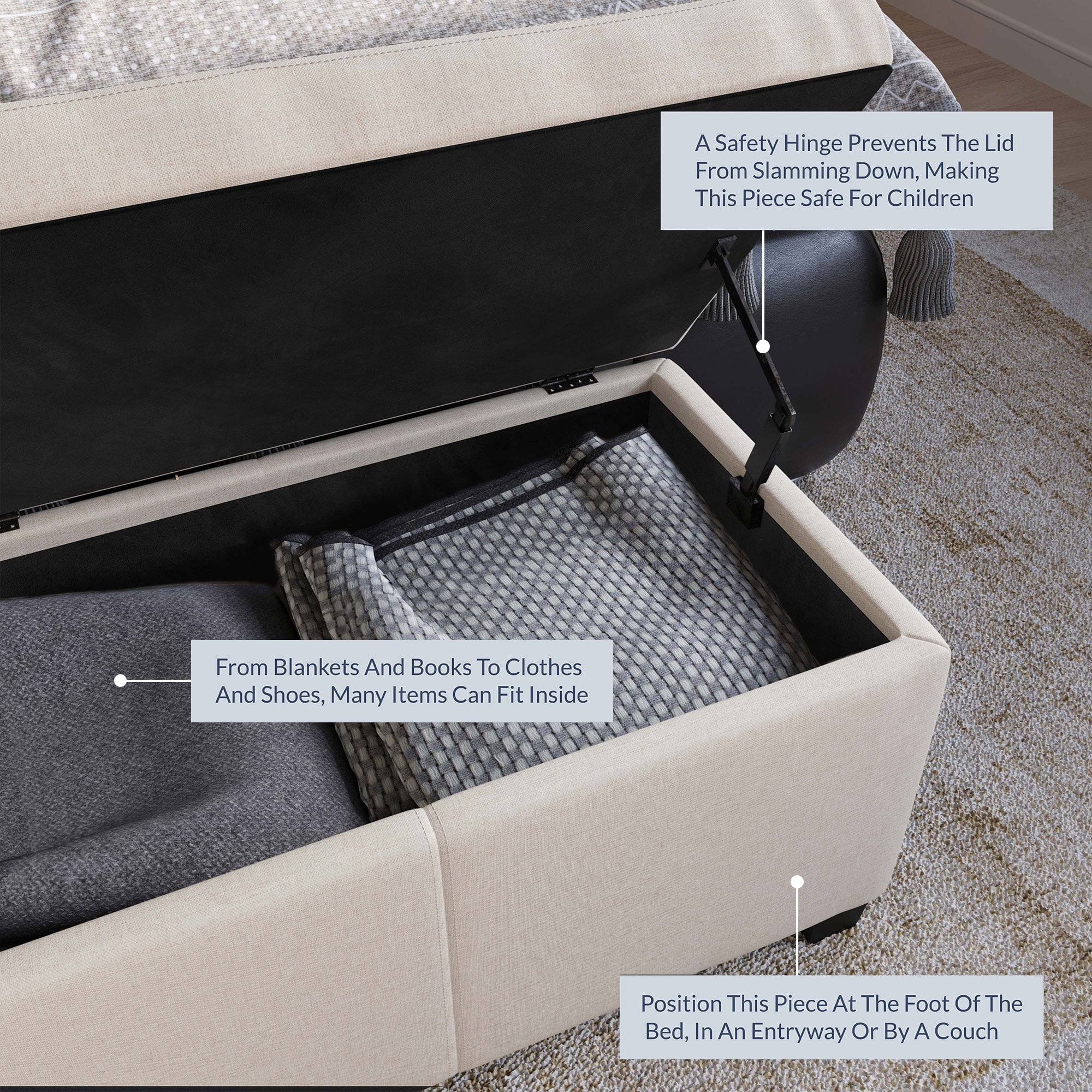 BELLEZE Storage Ottoman Bench Footstool - Amherst (Beige)
