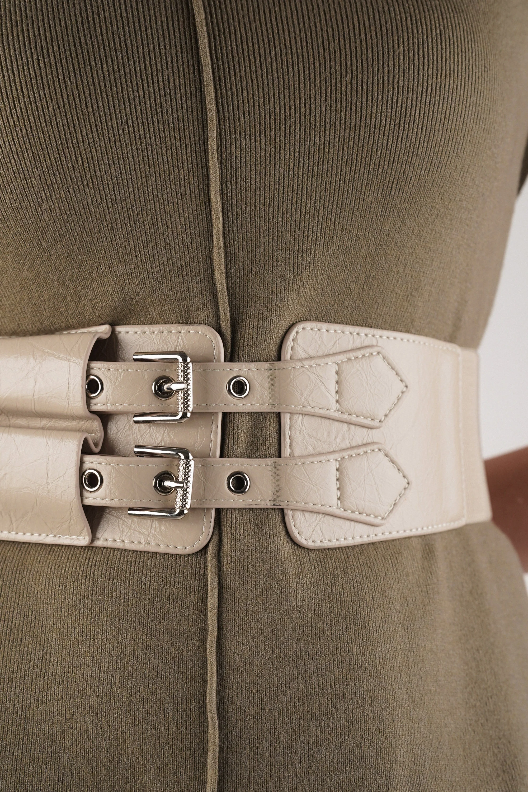 Ecru Belt With Silver Double Buckle