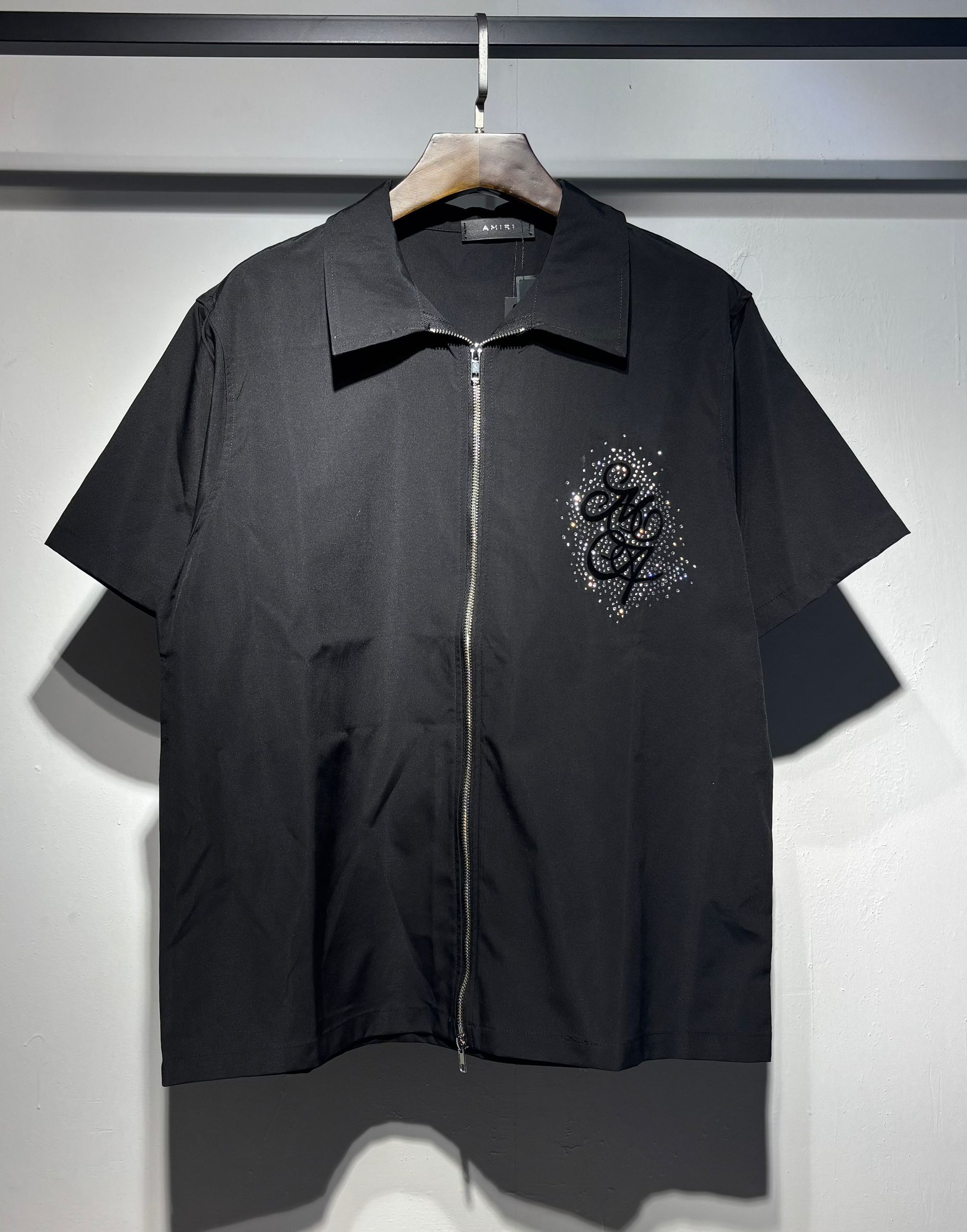 Black nylon double-zipper rhinestone-decorated shirt