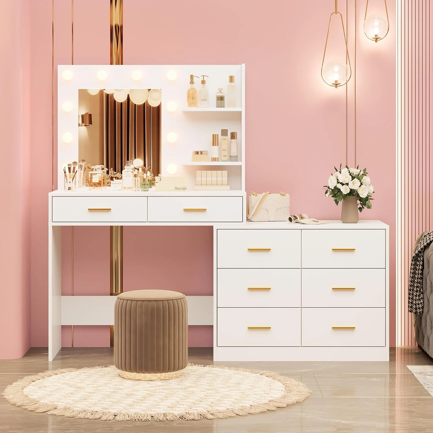 Garvee 61" White Makeup Vanity Desk with Mirror and Lights, Adjustable Brightness, 3 Lighting Modes, 8 Storage Drawers & 2 Open Shelves C Vanity Table for Bedroom