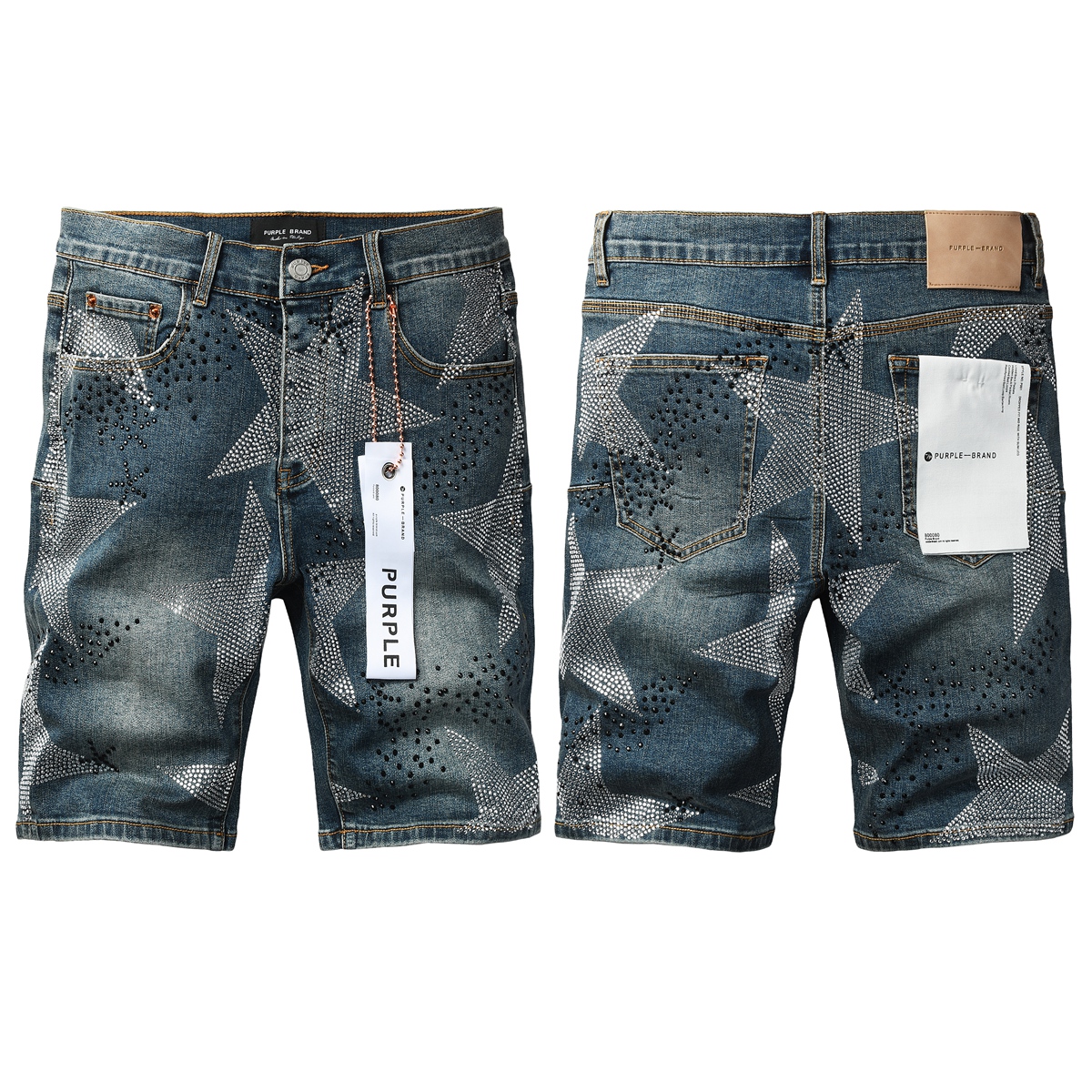 Diamond-studded star pattern denim shorts
