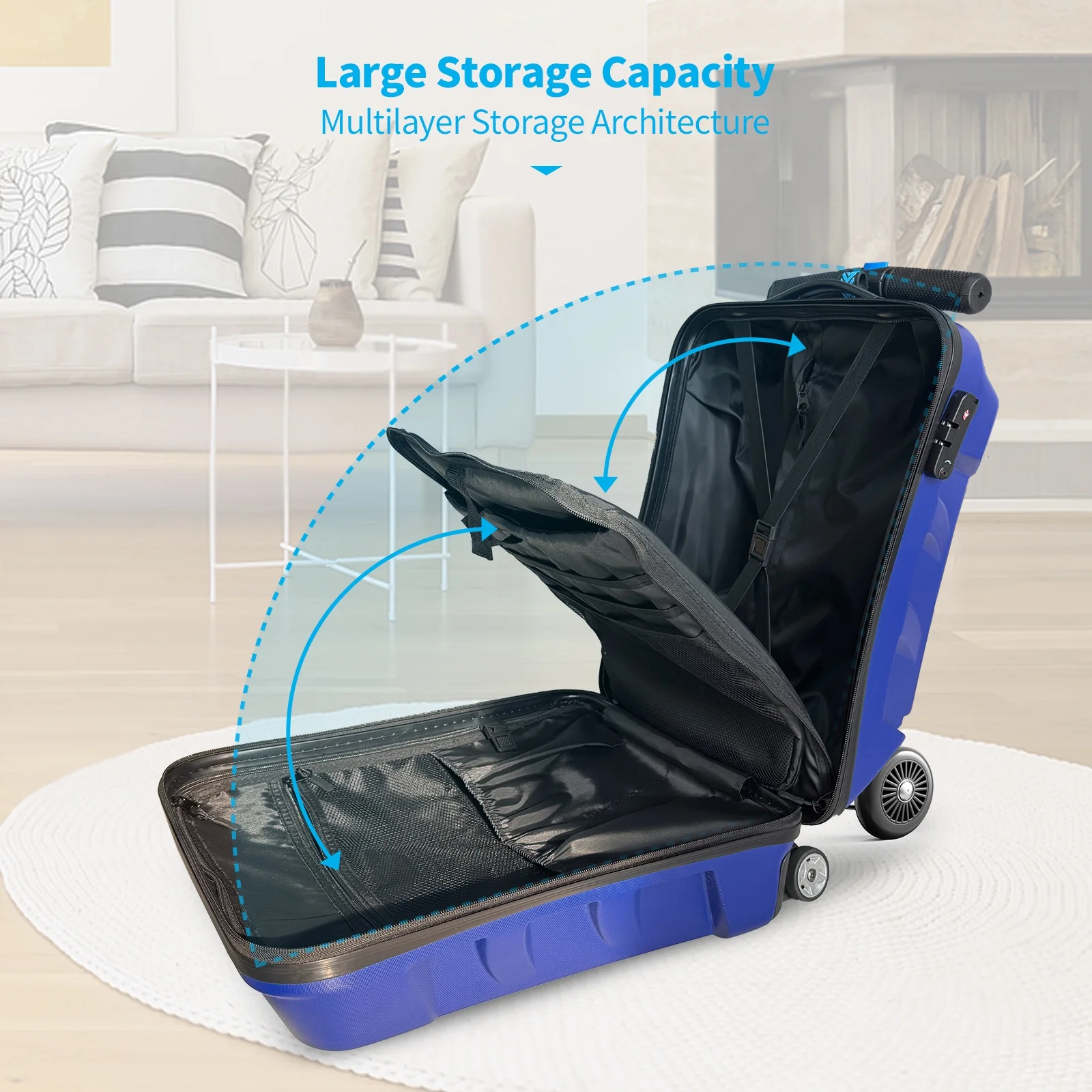 TABU Scooter Luggage for Kids & Adults, Carry on Luggage with Wheels for Kids Ages 6-15,Blue