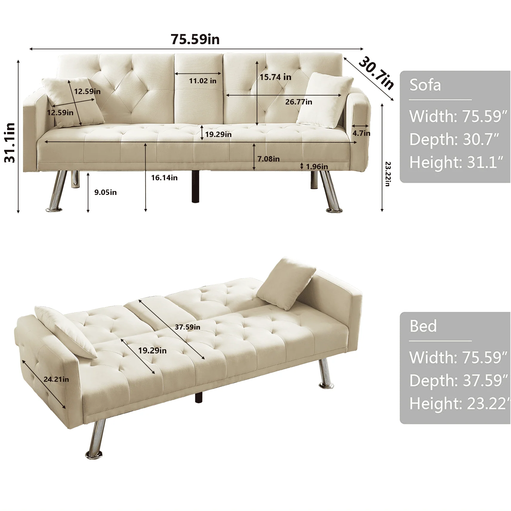 Modstyle 76" Fabric Futon Sofa Bed with Adjustable Backrest & Cup Holder, Beige