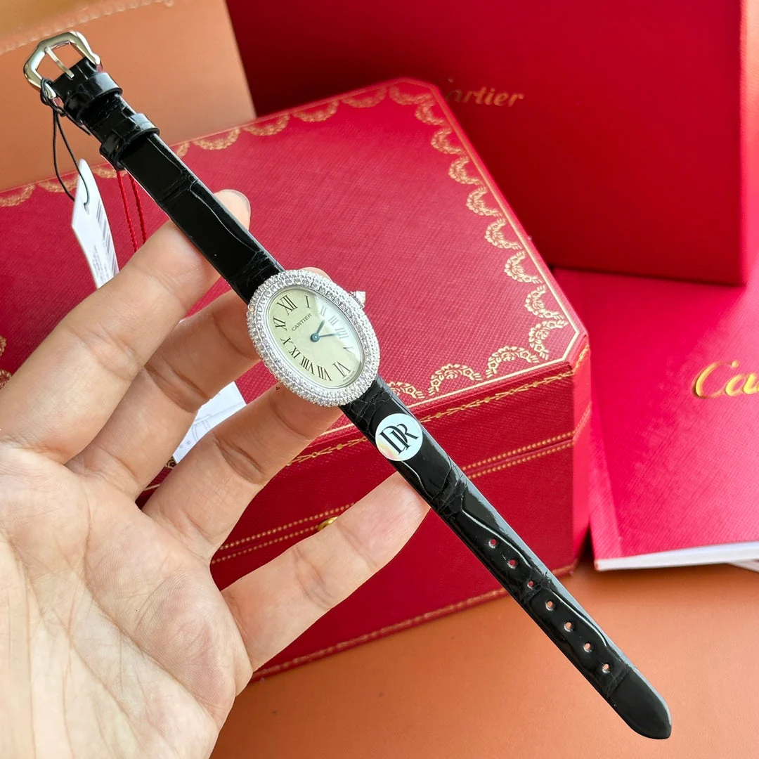 Cartier Watch Baignoire 23mm Silver Case Diamond Bezel Black Leather Strap