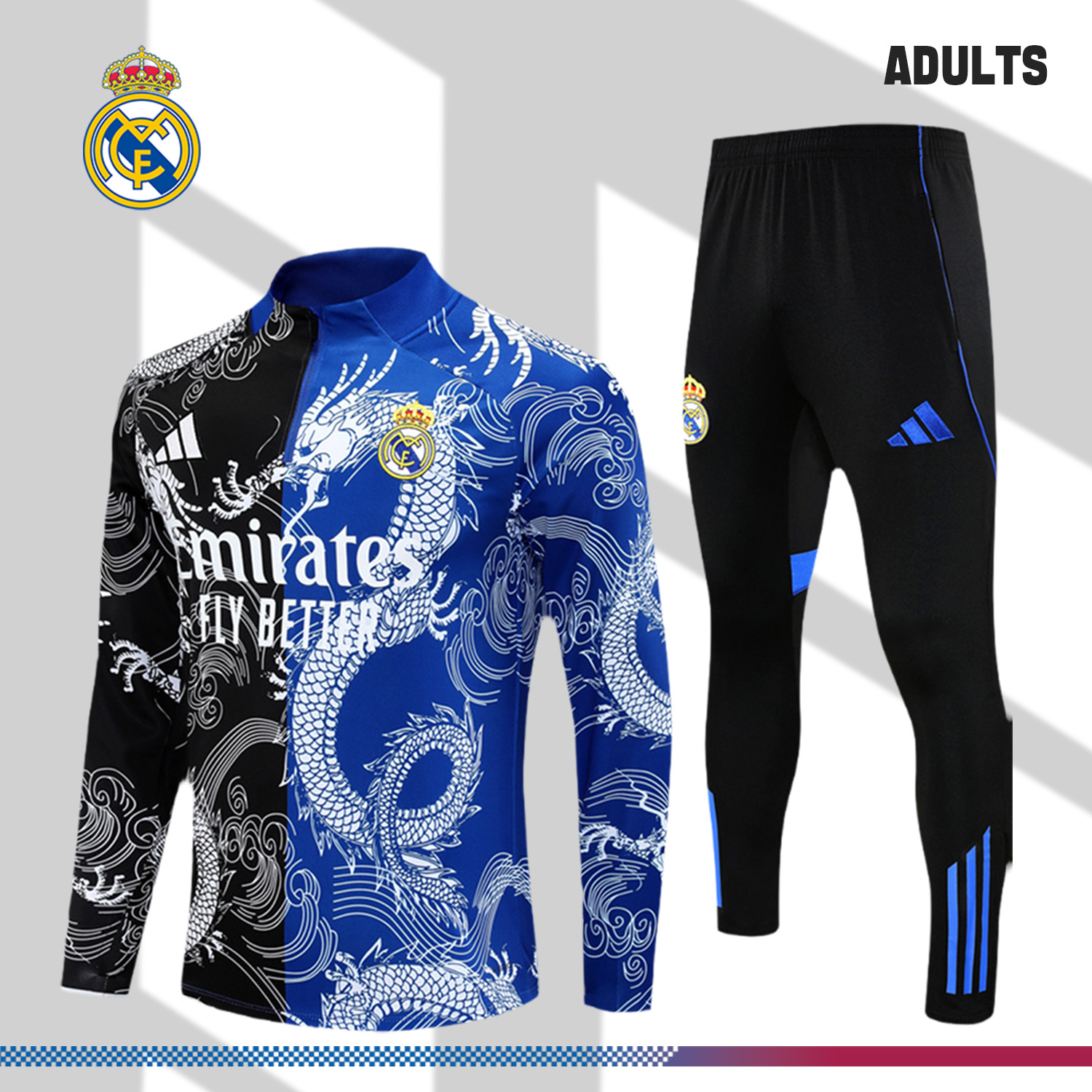 2024/2025 Real Madrid Adults Half Zip Training Kit Black Blue (Adult Kit)