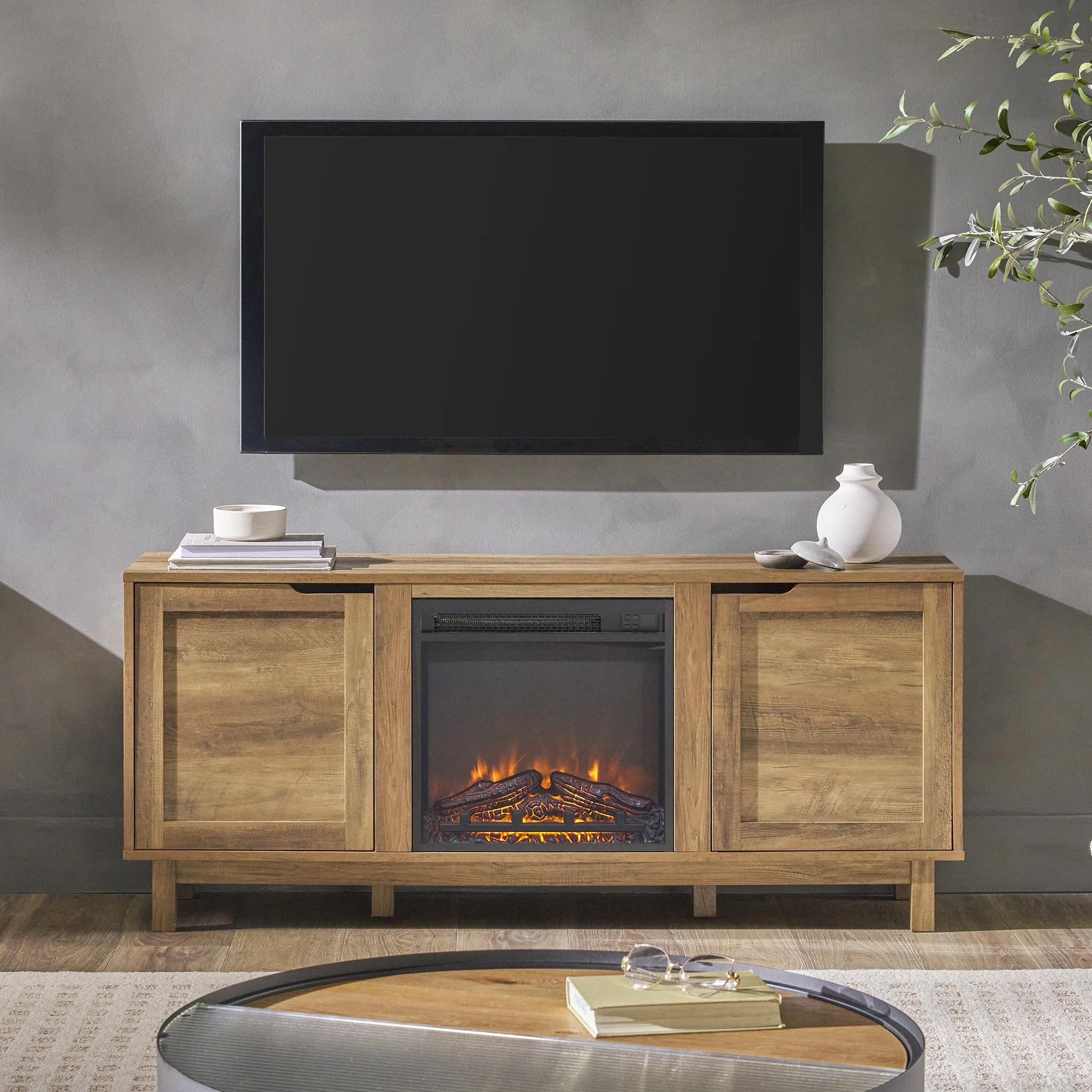 Walker Edison Transitional 2-Door Fireplace TV Stand for TVs up to 65��, Reclaimed Barnwood
