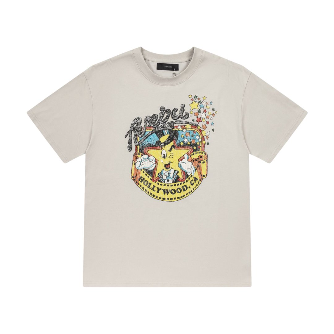 White water-style short-sleeved shirt with cracked star print logo