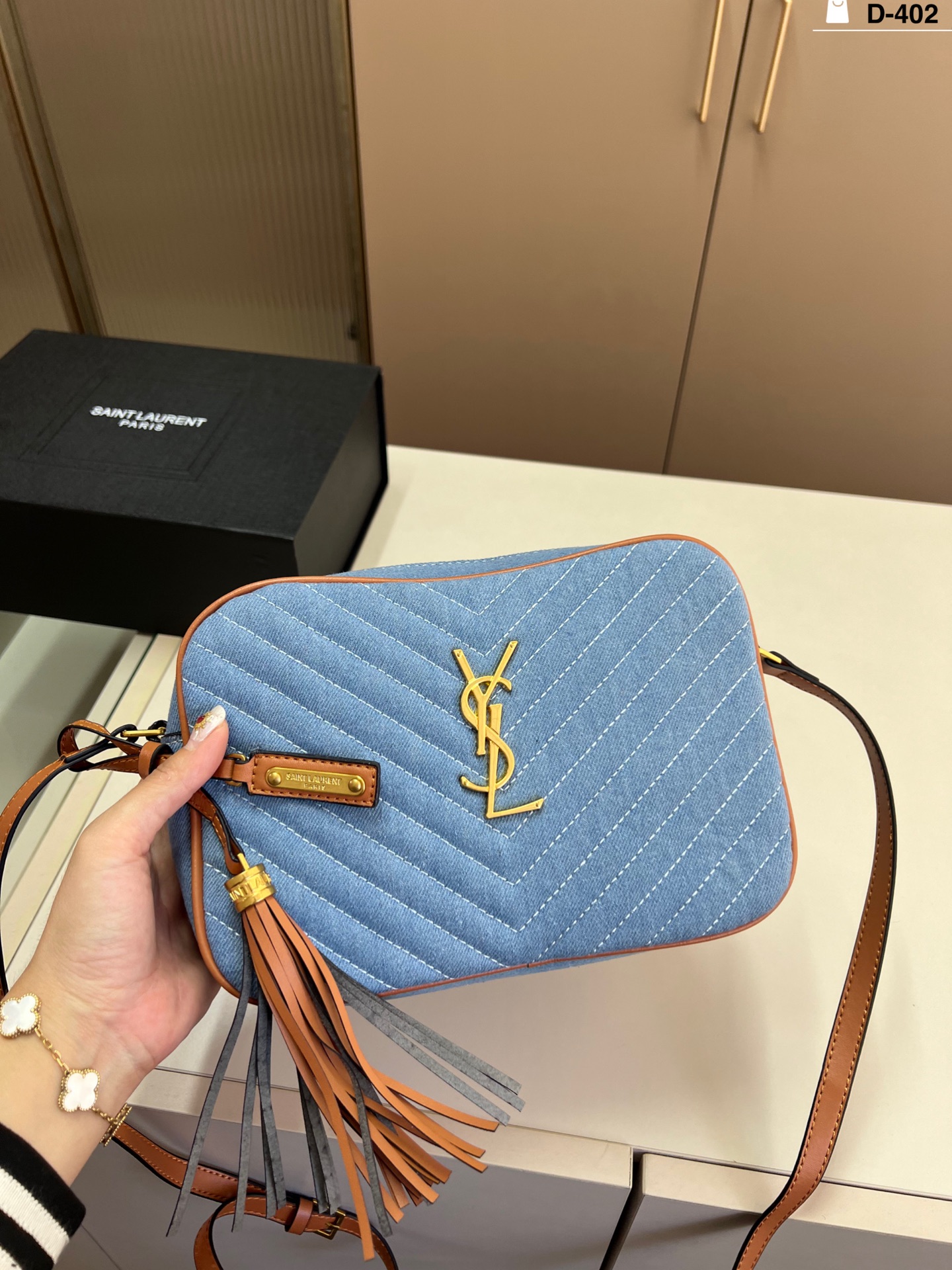 YSL Lou Matelassé Chevron Quilted Denim Leather YSL Logo Tassel Camera Crossbody Bag