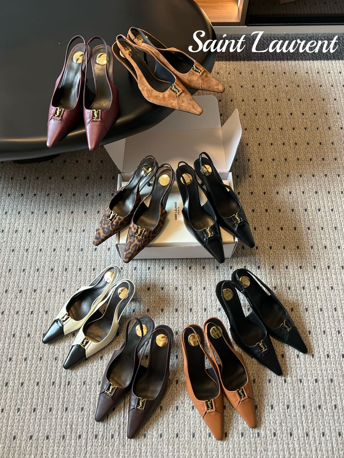YSL Paris Pointed Toe Smooth/Suede/Oil Wax Leather/Leopard YSL Logo Slingback Heel Sandals