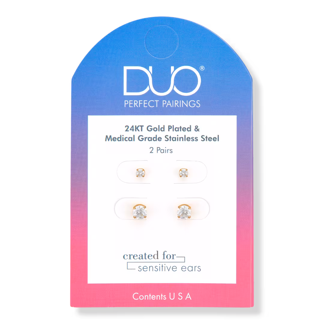 DUO Perfect Pairings  24KT Gold Plate 3MM and 5MM CZ Stud Set