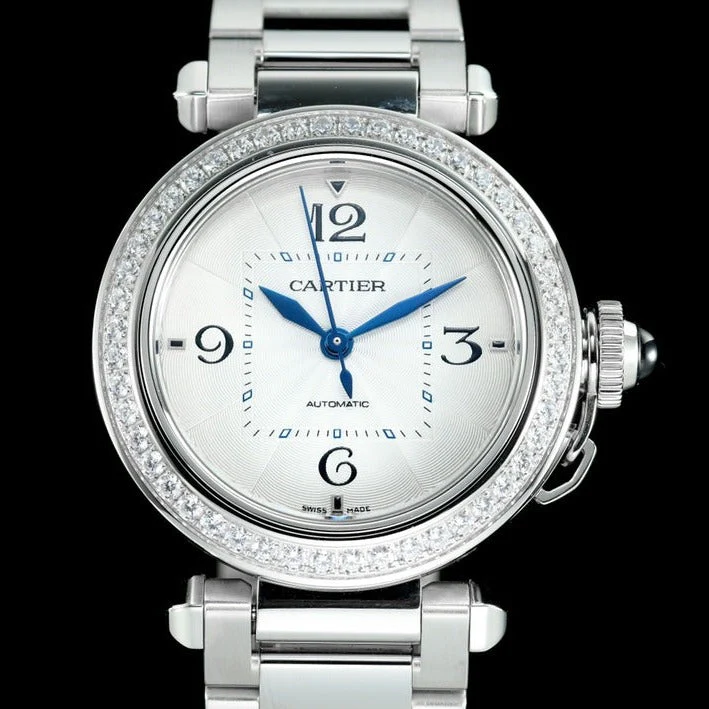 Cartier Watch pasha 35mm automatic steel white dial diamond bezel