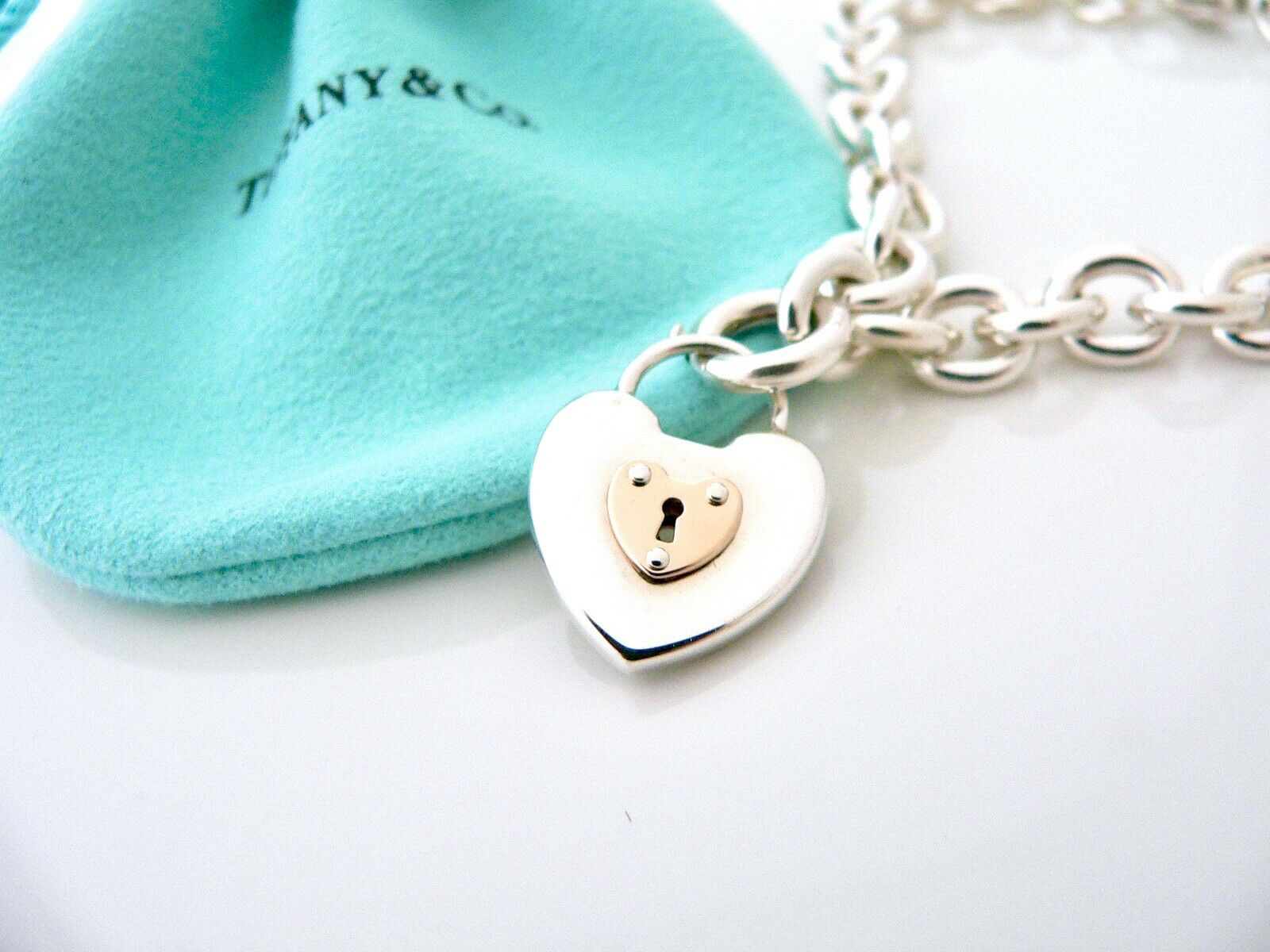 Tiffany & Co Silver 18K Gold Heart Key Hole Charm Bracelet Chain Gift Love Pouch