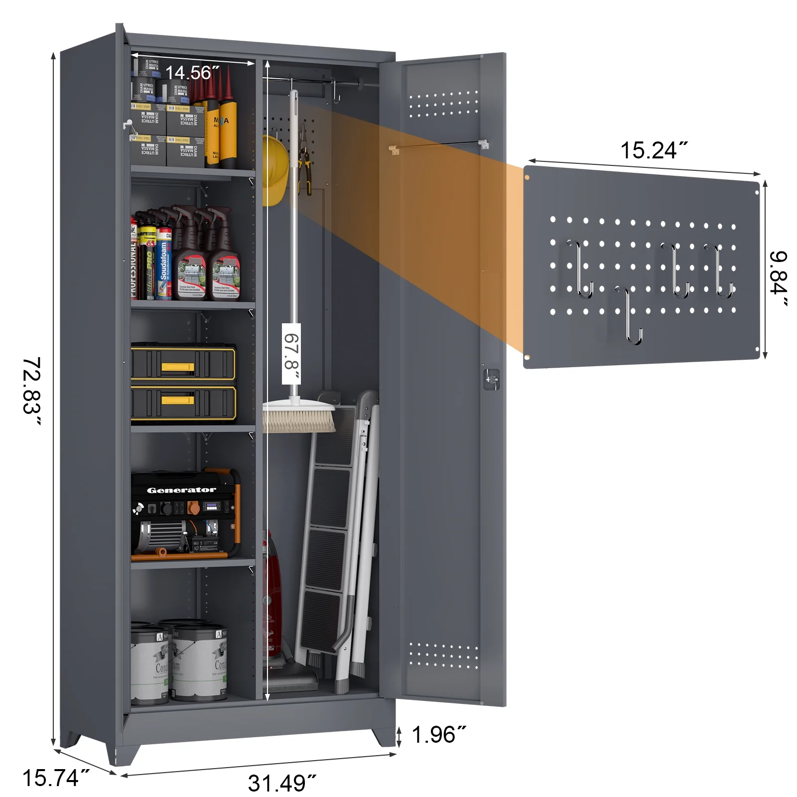 Marcree Broom Closet with Locking Doors,72.8����H Cleaning Tool Storage Cabinet with Hanging Rod & Hooks,Heavy-Duty Tool Garage Storage Cabinet for Utility Room,Grey