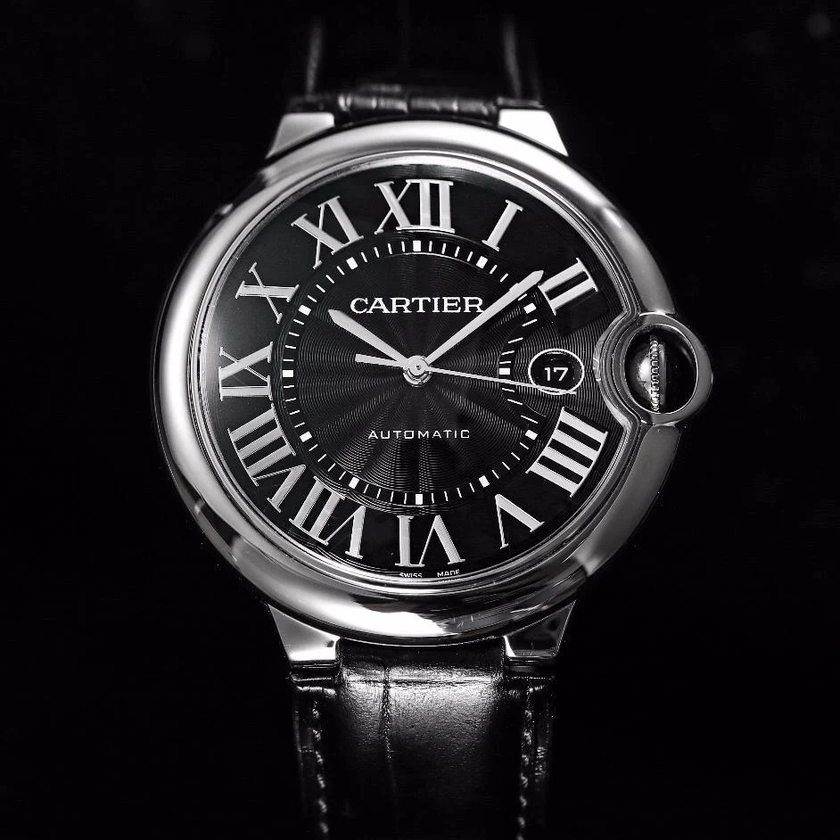 Cartier Watch BALLON BLEU 42 BLACK DIAL LEATHER BRACELET