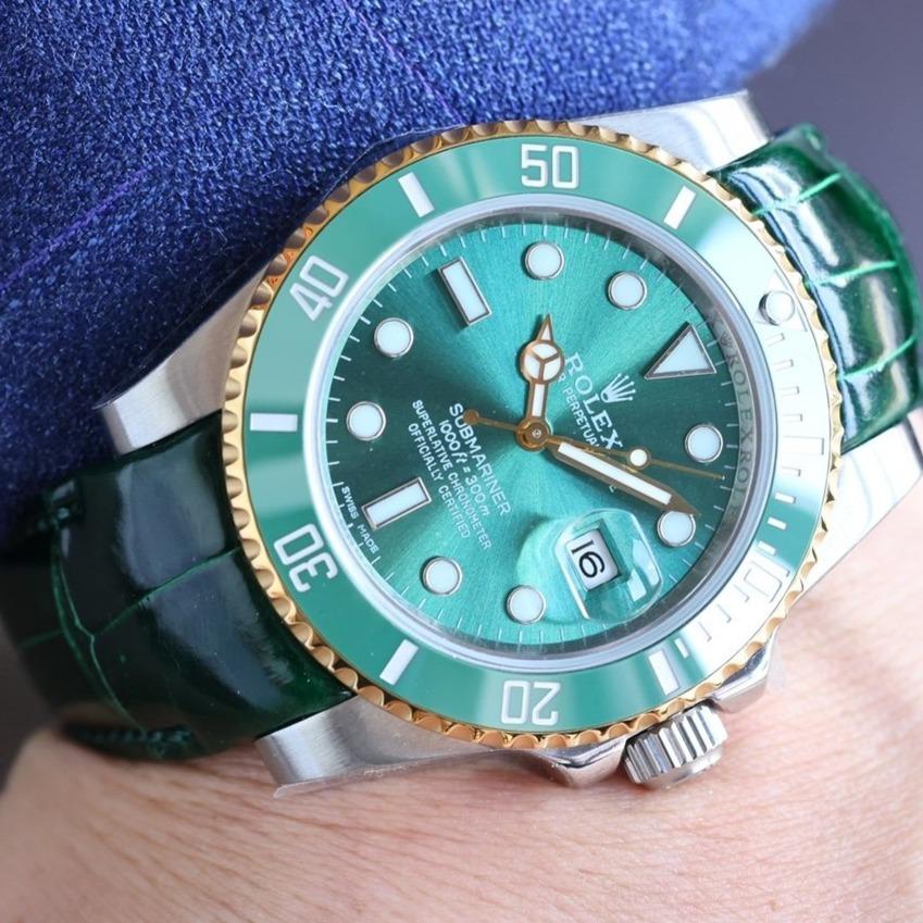 Rolex Watch SUBMARINER DATE 40 STEEL CASE GOLD GREEN CERAMIC LEATHER Watch