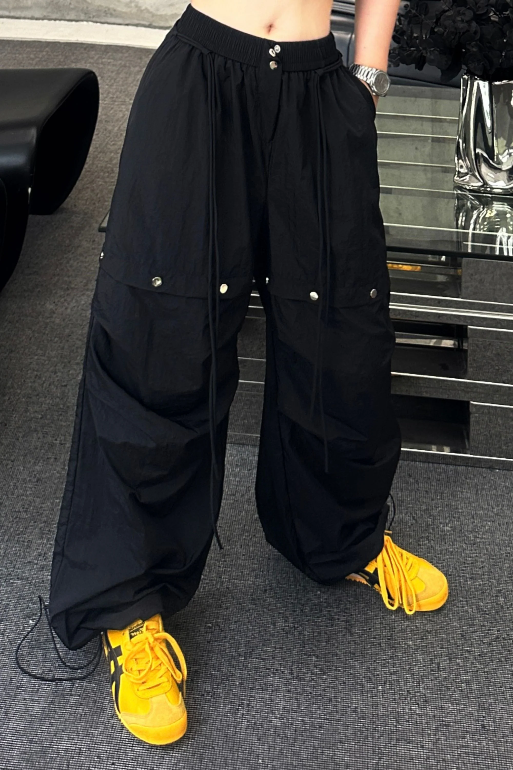 Black Cargo Pants with Snap Buttons