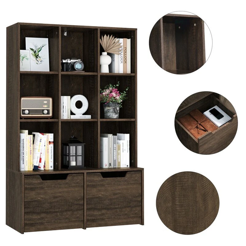Homfa Modern Cube Bookcase, 9-Cube Storage Cabinet Display Shelf with 2 Mobile Drawers, White Finish
