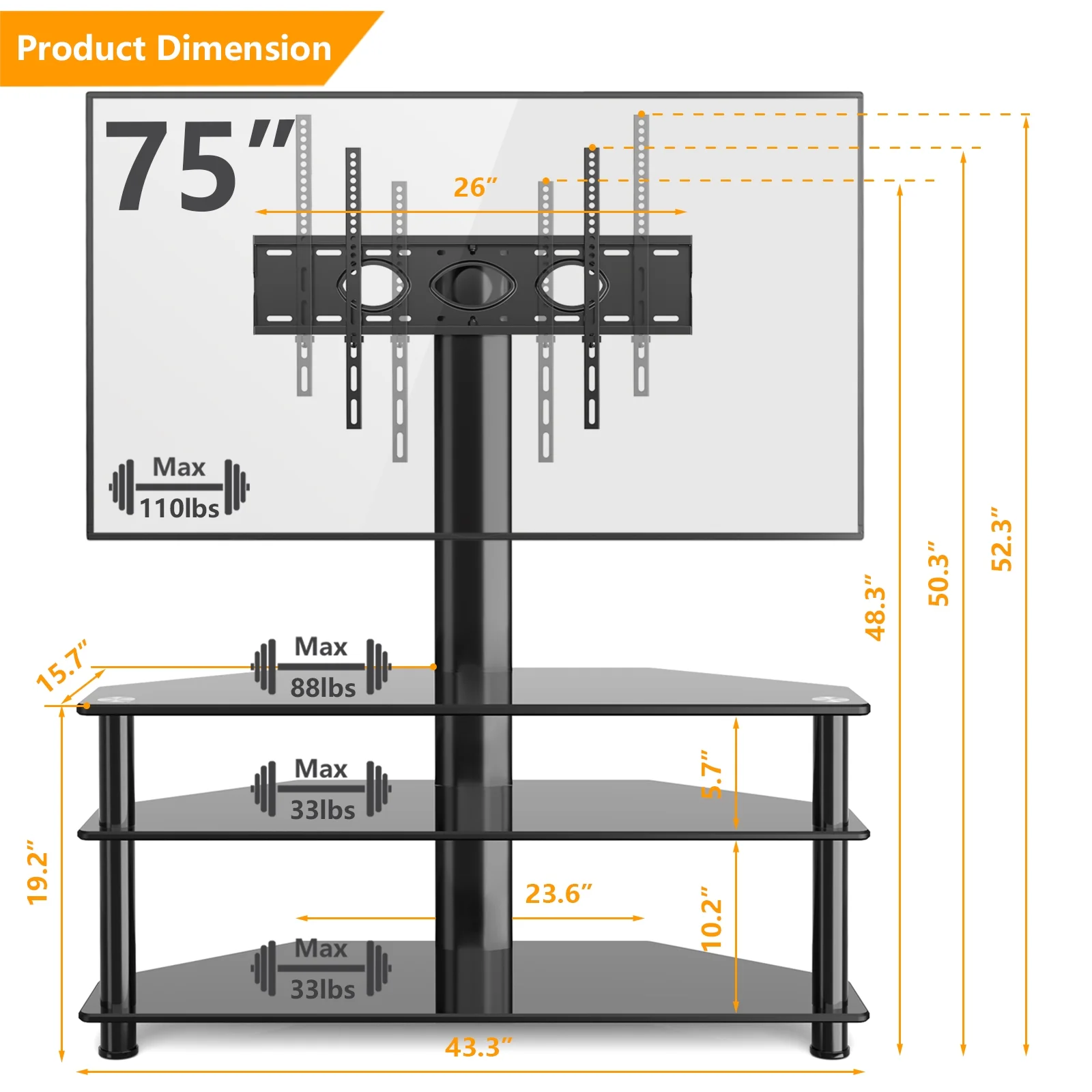 RTVR Modern 3-in-1 Flat Panel TV Stand for TVs up to 75 inch, Black Glass Shelves Table with Swivel Mount