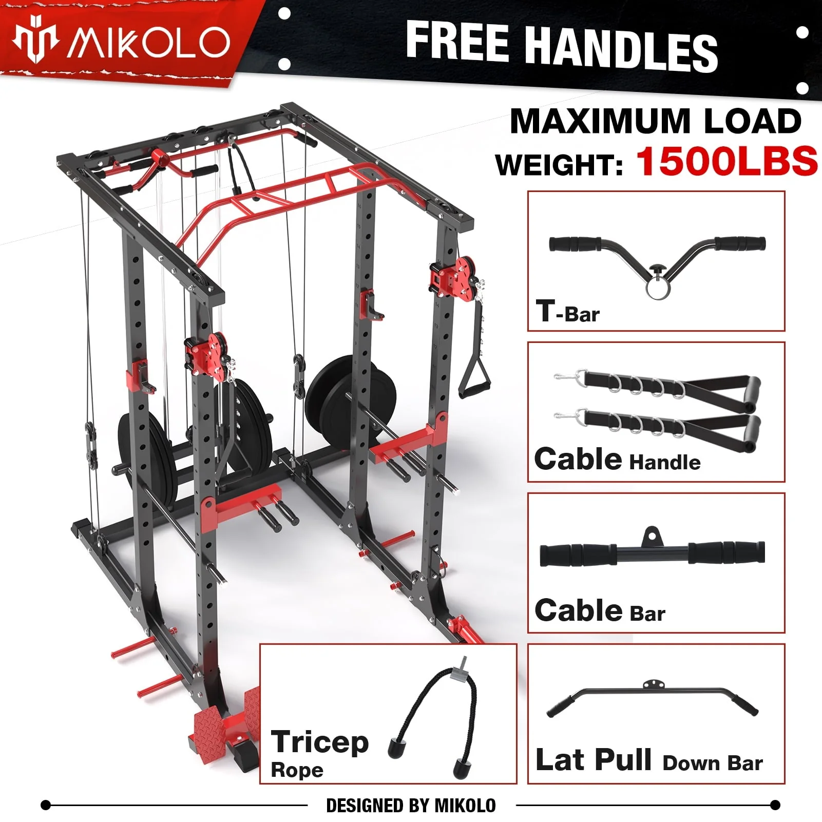 Mikolo Power Rack Cage, 1500LBS Weight Cage with 800LB Capacity Adjustable Weight Bench, Multi-Function Workout Rack Cage with Storage System, J-Hook, Band Peg, Battle Rope Ring Home Gym