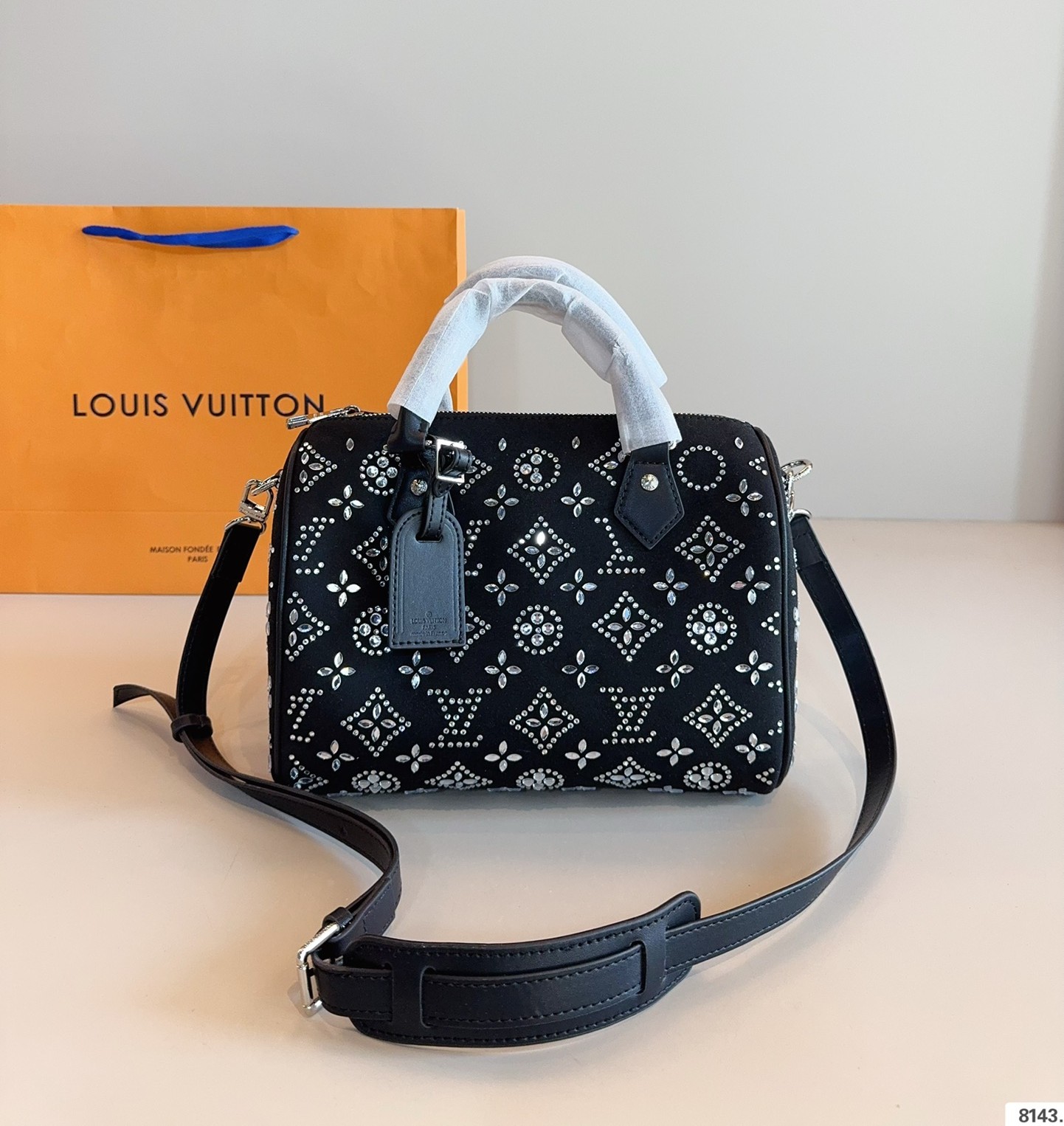 LV Speedy 25 Strass Black Monogram Suede Leather Boston Top Handle Bag